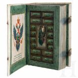 A secret poison cabinet in the shape of a book, historiscism in the style of the 17th