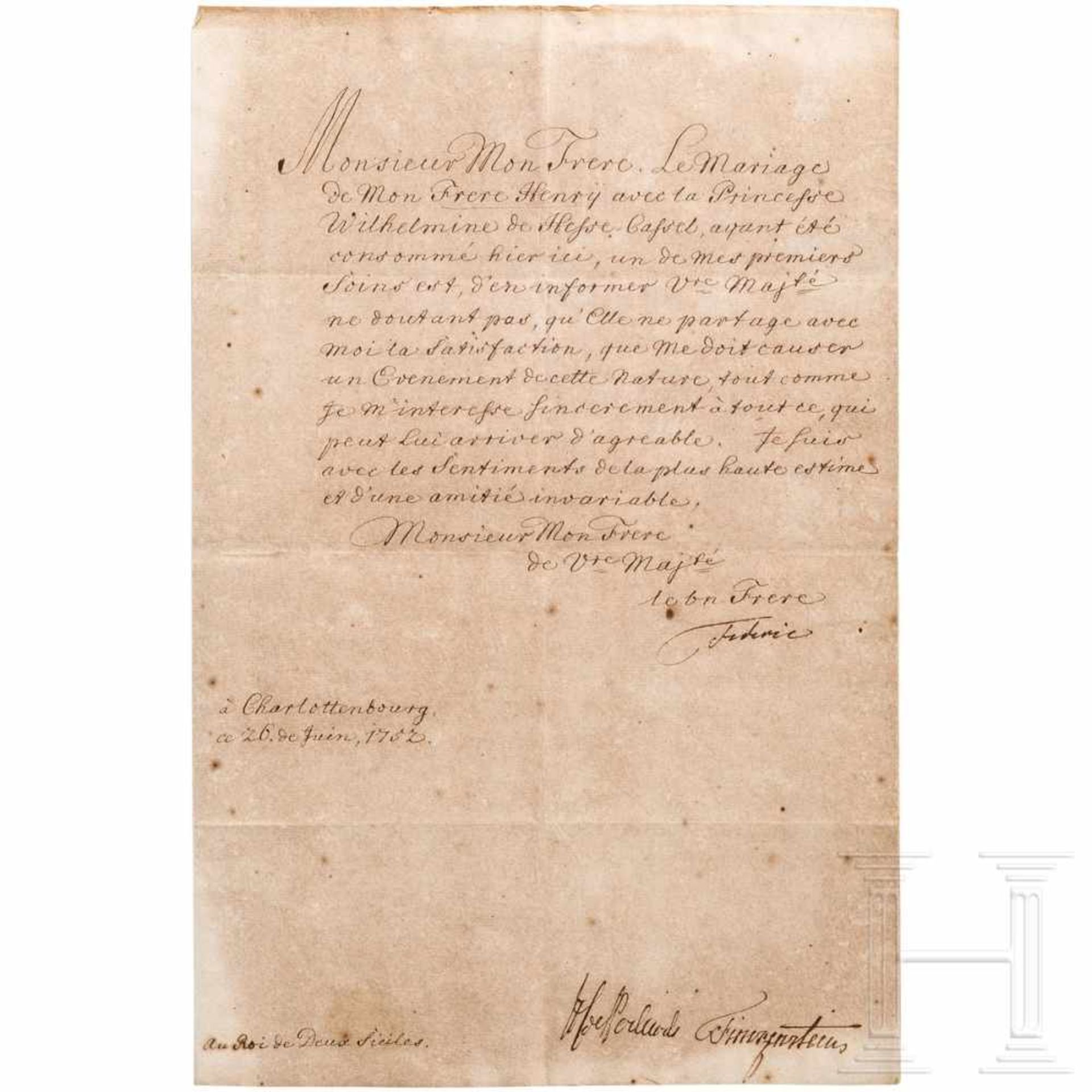 Frederick the Great - a personally signed letter to King Charles V of both Sicilies of 26.6.