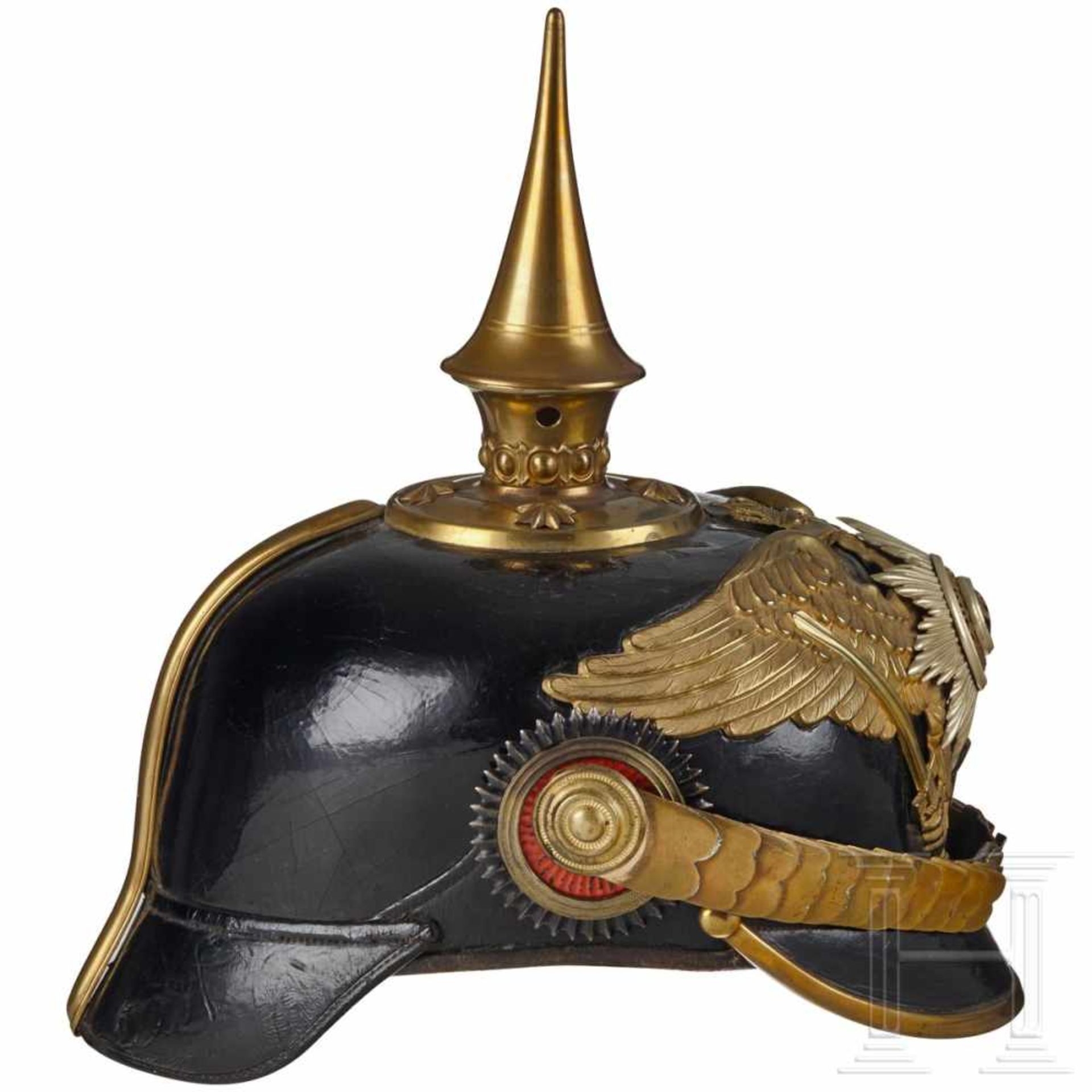A Prussian Spiked Helmet for Officers of the InfantryBlack leather: body, front visor with green - Bild 6 aus 8