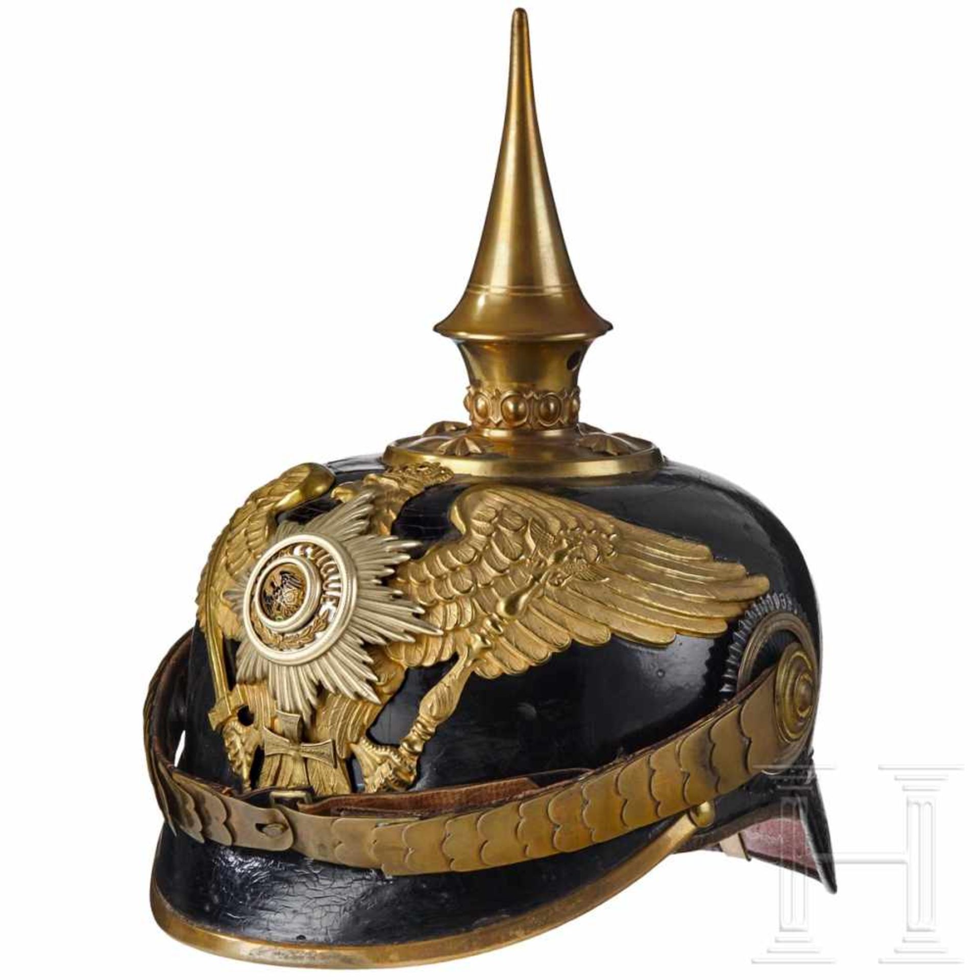 A Prussian Spiked Helmet for Officers of the InfantryBlack leather: body, front visor with green