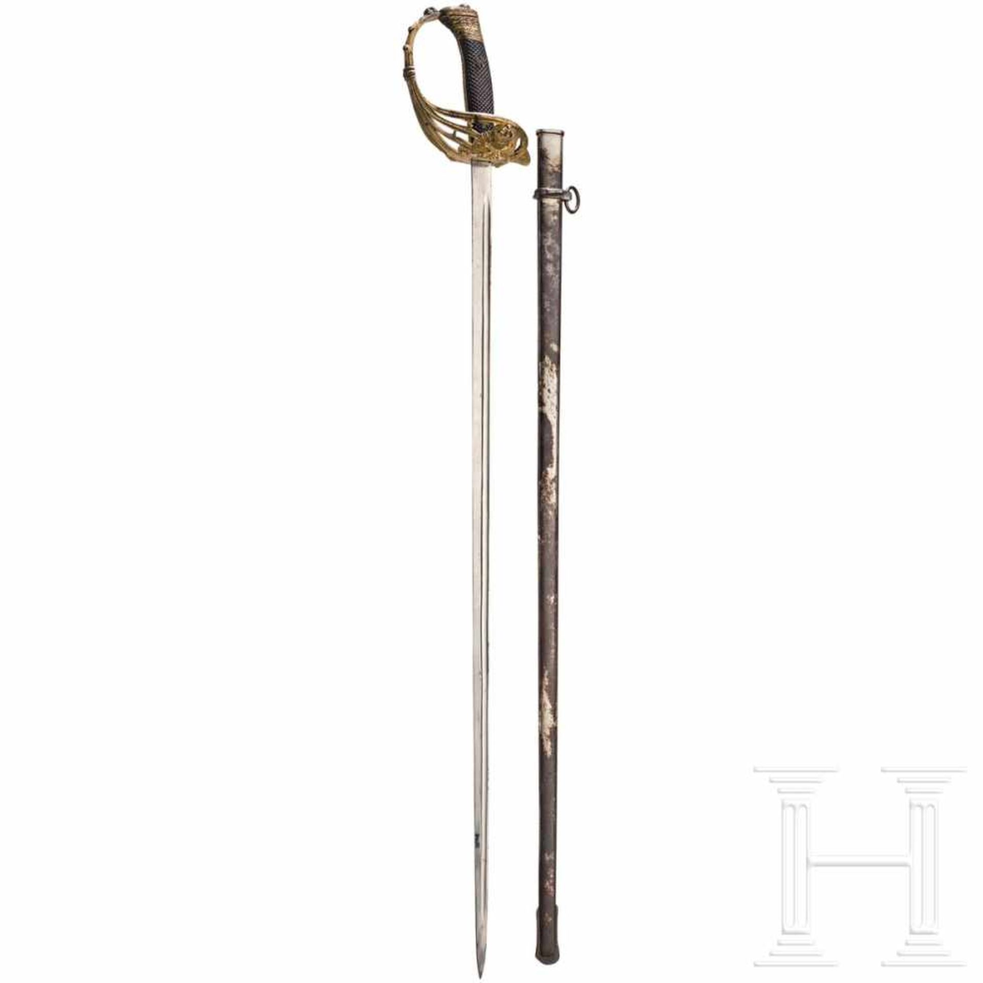 A sword for artillery officers, c. 1900Gerade, vernickelte Rückenklinge (etwas fleckig), auf dem