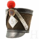 A shako for enlisted men of the Garde Nationale, 5th companyBlack felt body, visor of finely
