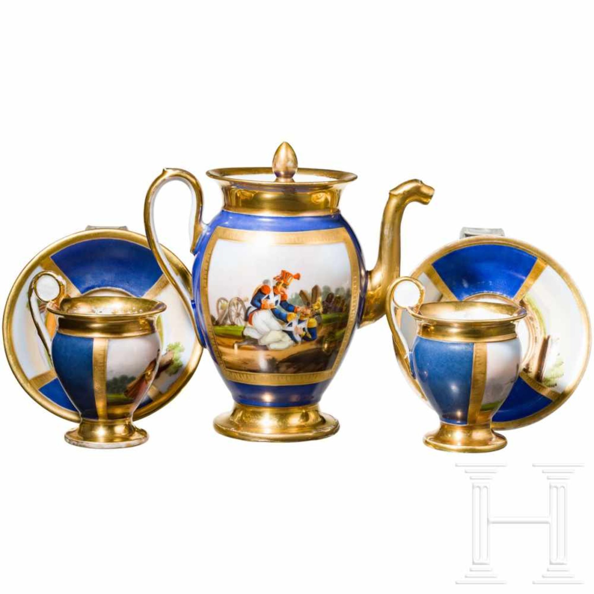 A coffee can and two cups with patriotic scenes, circa 1813Weißes, blau gefärbtes und - Bild 2 aus 4