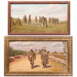 Two military oil paintings, 20th centuryÖl auf Leinwand, unsigniert, zwei verwundete Infanteristen