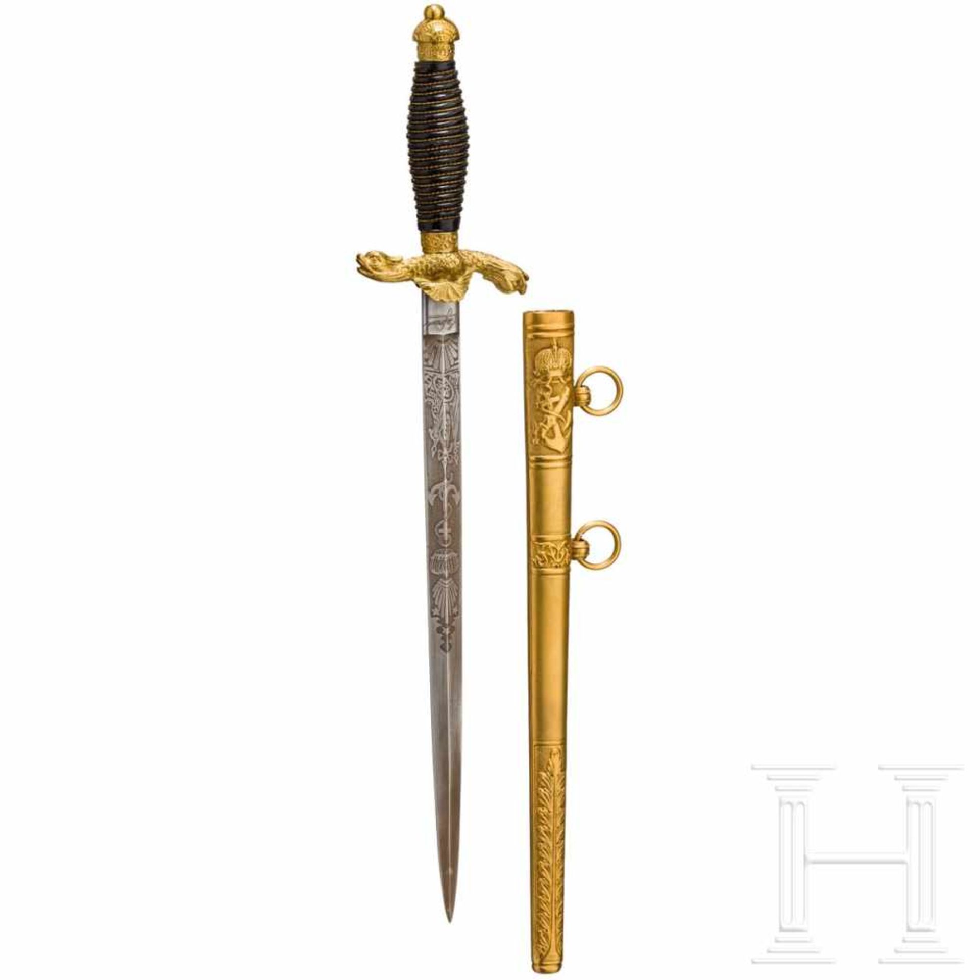 A dagger for officers of the k.u.k. NavyReplik. Schlanke rautenförmige Stichklinge, beidseitig reich