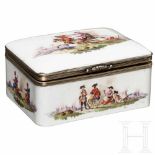 A silver-mounted German porcelain tobacco box, circa 1760/70A well-made porcelain box with fine