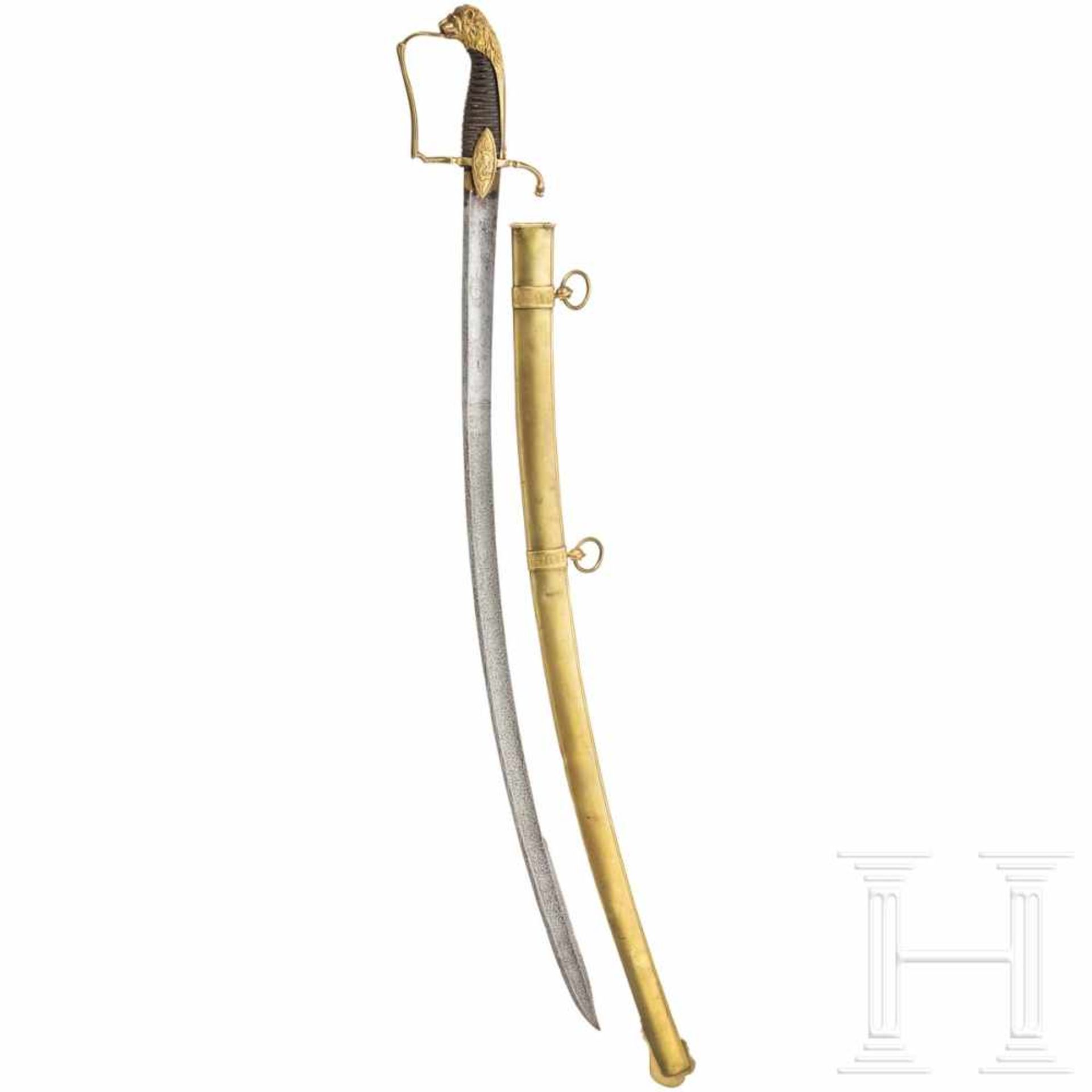 A German lion's head sabre for cavalry officers, circa 1820Leicht gekrümmte, gekehlte Klinge mit