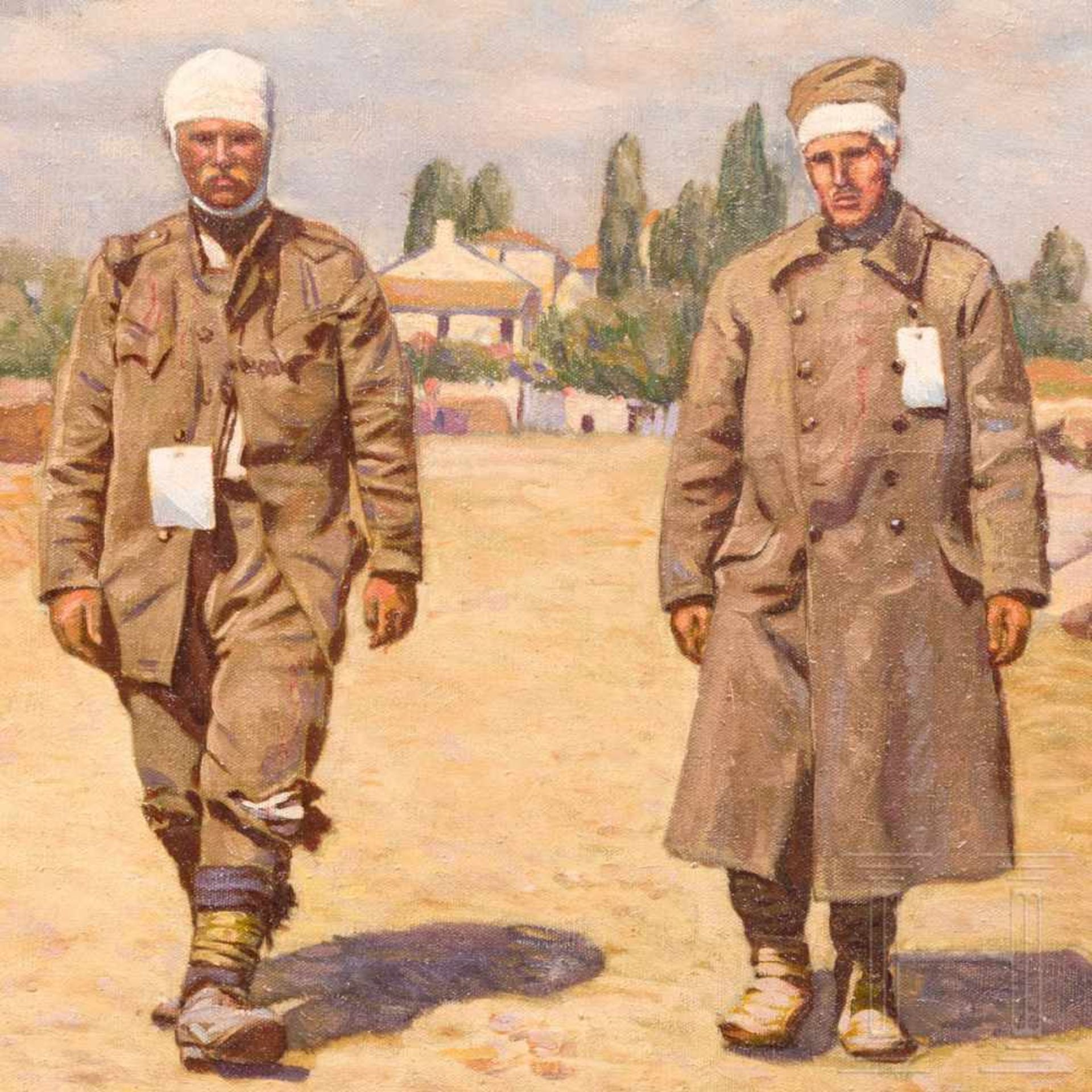 Two military oil paintings, 20th centuryÖl auf Leinwand, unsigniert, zwei verwundete Infanteristen - Bild 3 aus 4