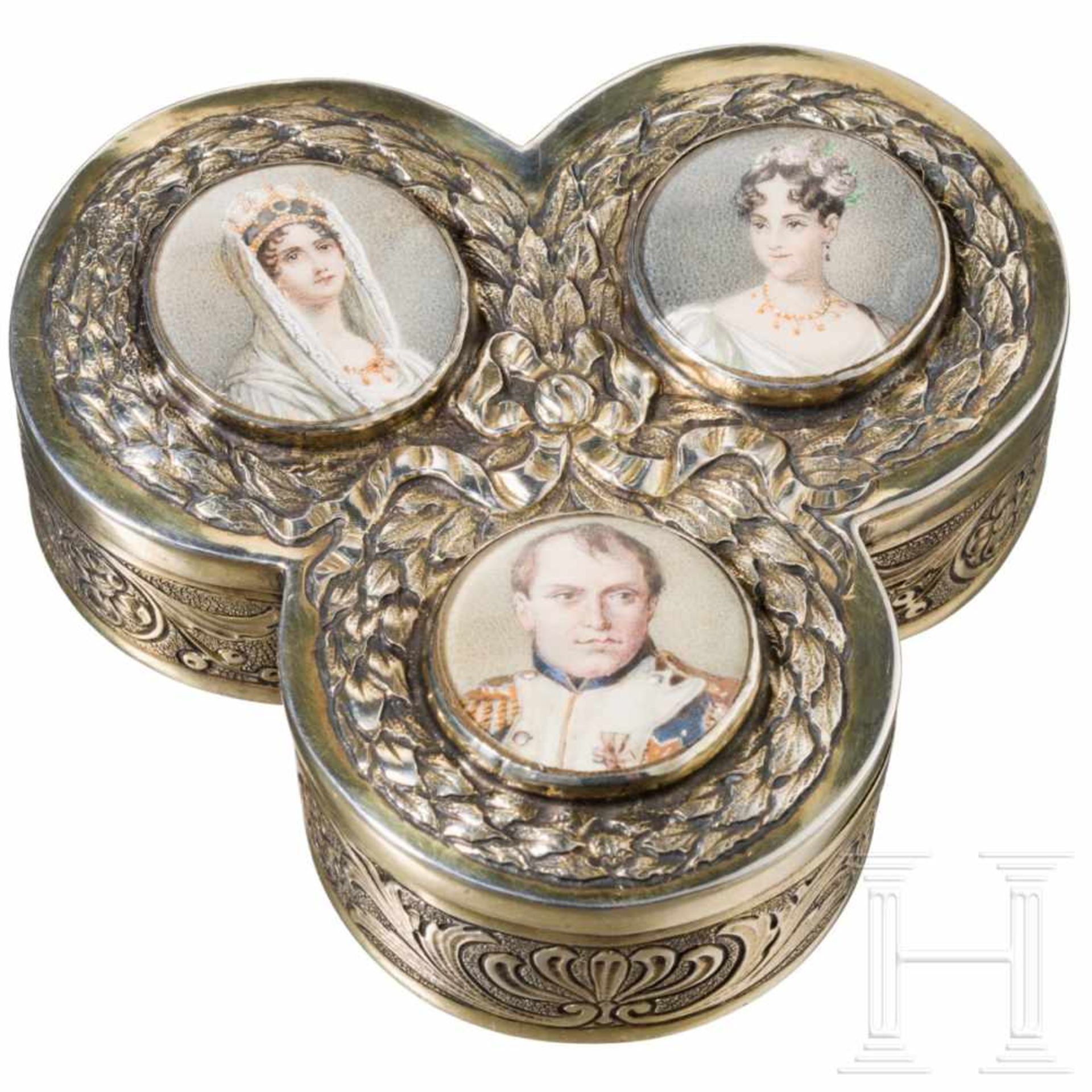 Emperor Napoleon I. Bonaparte - gilt silver box with three miniature portraits, circa 1820Silber