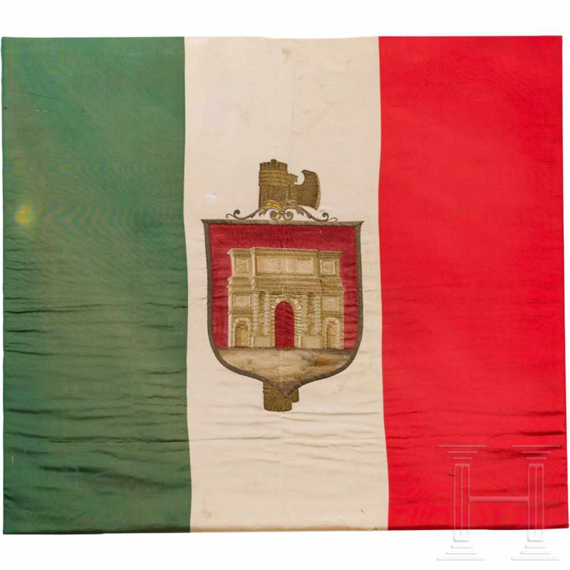 A fascist flag, 1st half 19th centurySeide, bedruckt in den Farben der italienischen Trikolore (