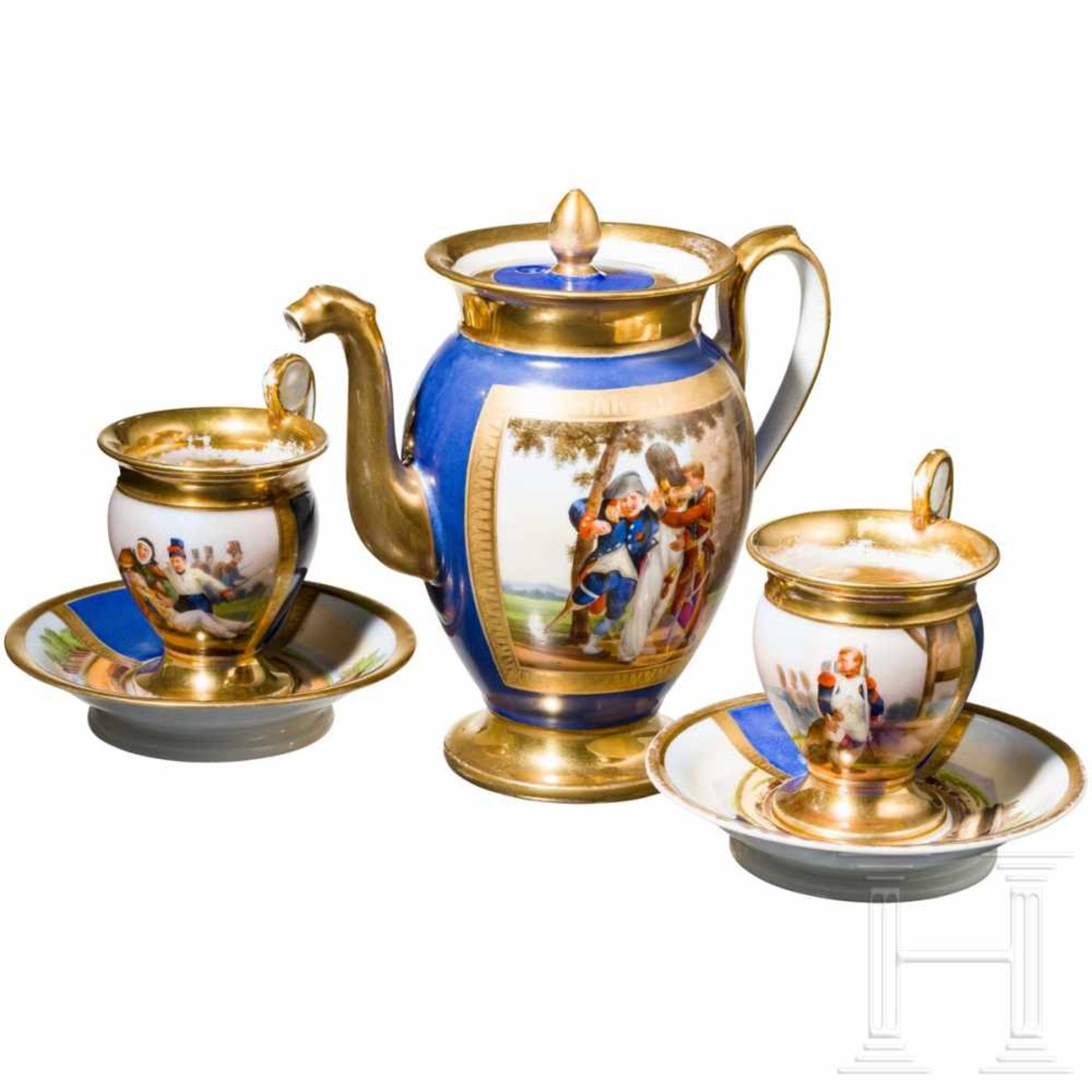 A coffee can and two cups with patriotic scenes, circa 1813Weißes, blau gefärbtes und