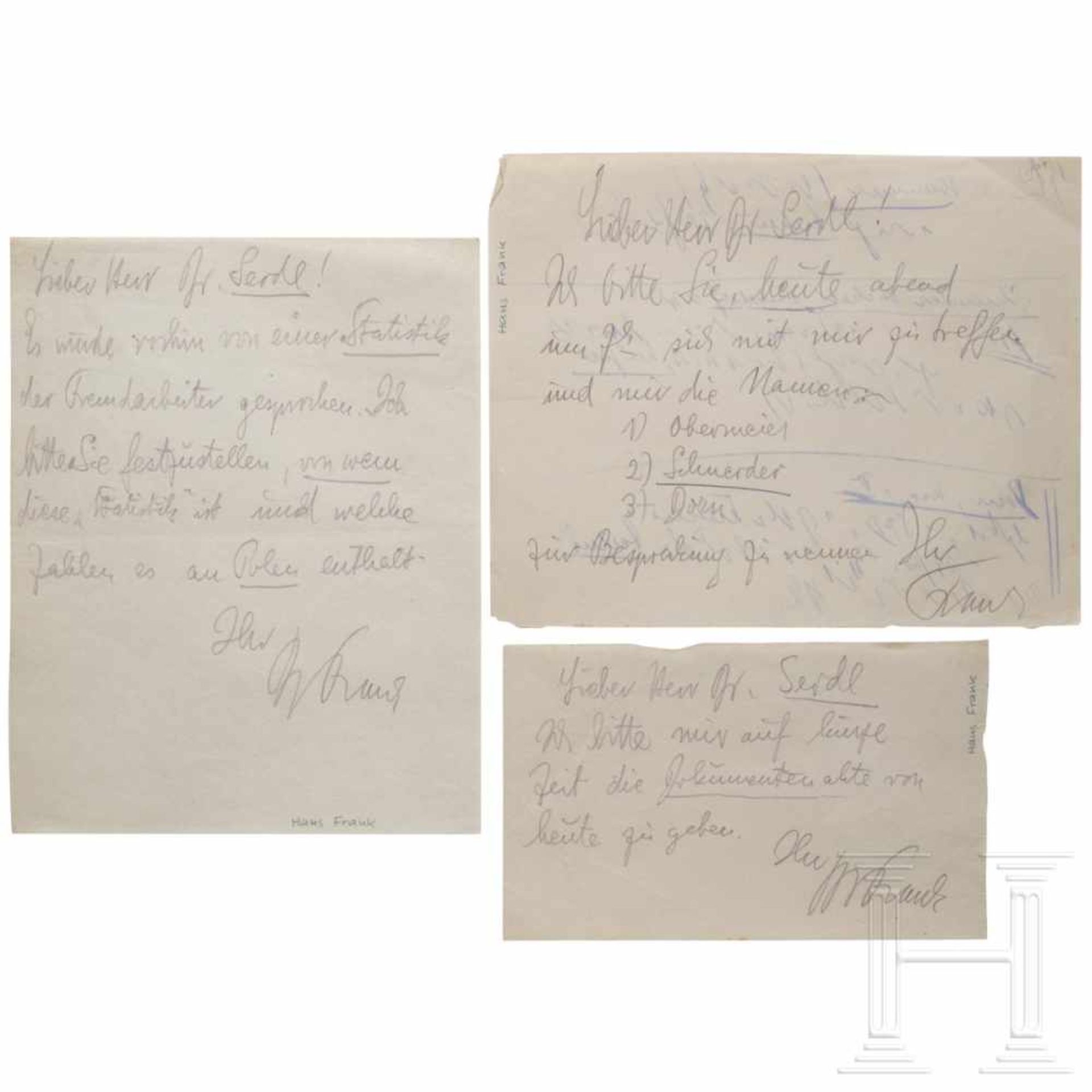 Hans Frank - drei handschriftliche Notizen an seinen Anwalt Alfred Seidl aus dem Nürnberger
