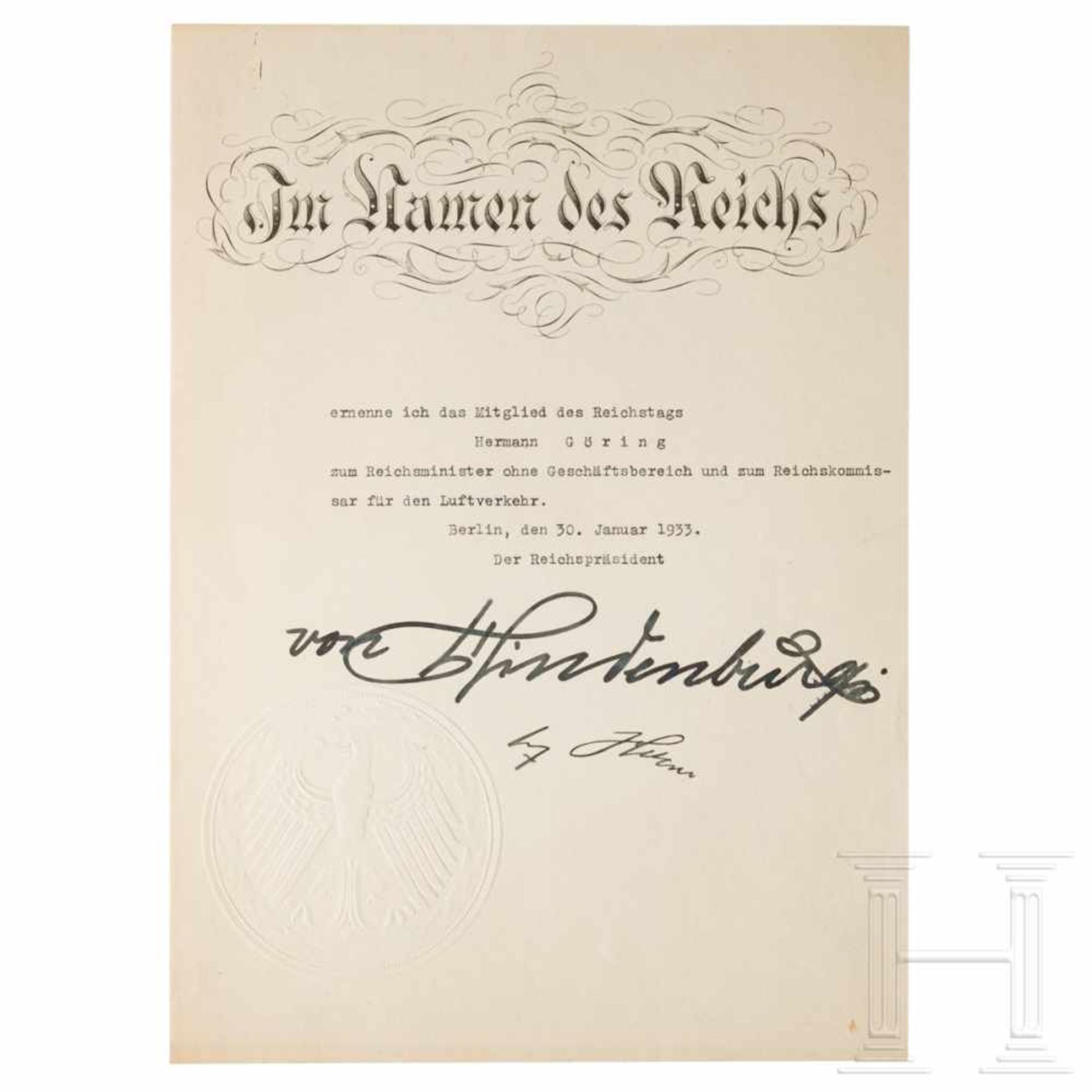 Göring's certificate of appointment to Reichsminister without portfolio and to Reichskommissar for