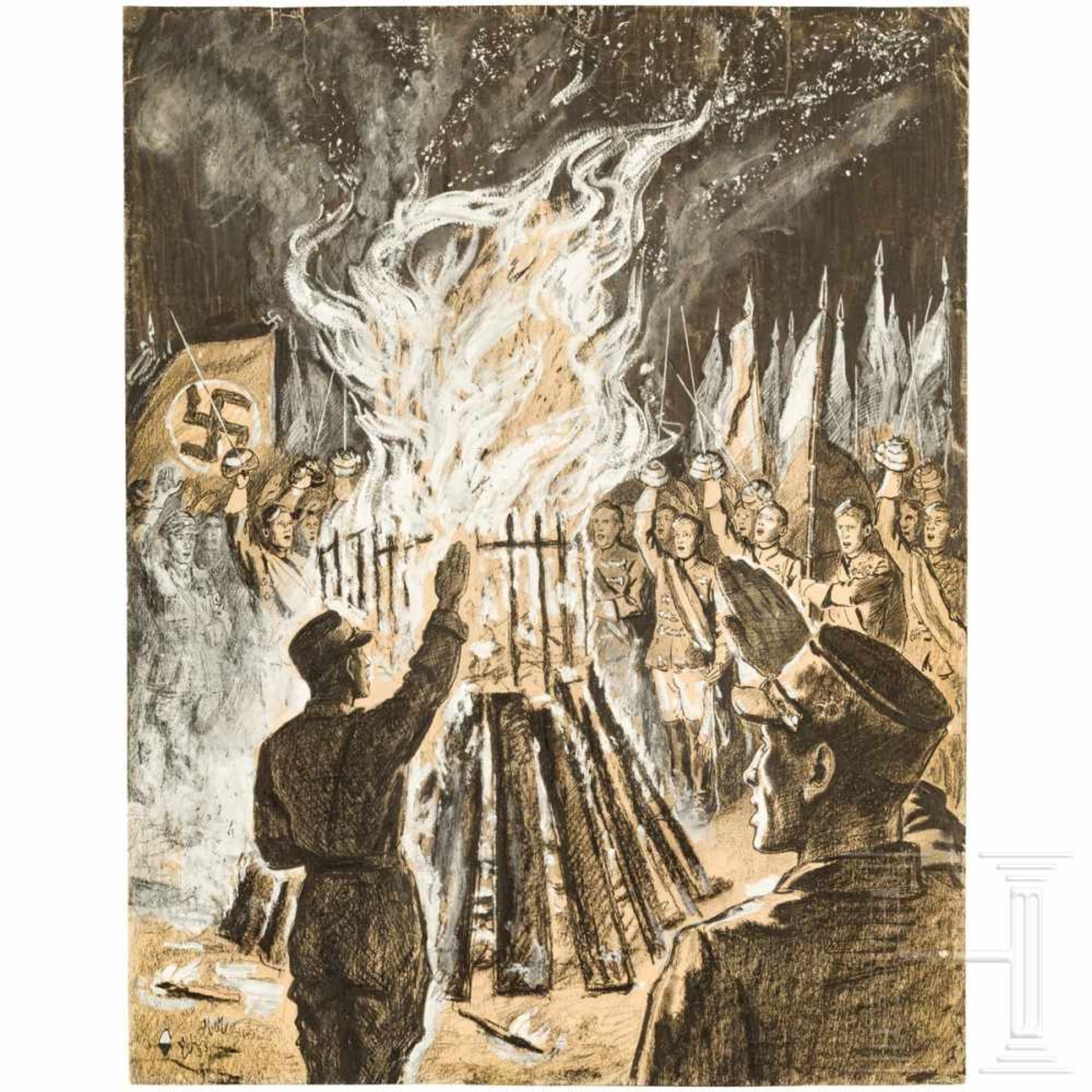 Elk Eber (1892 - 1941) - BücherverbrennungMischtechnik auf Malkarton, Postkarten- oder Plakatentwurf