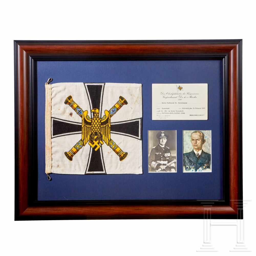 A Framed Großadmiral Command Flag and Signed PostcardsWhite cotton construction rank and command