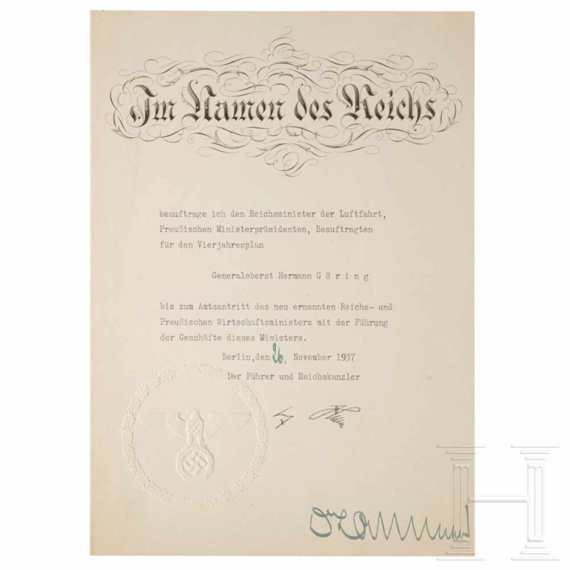 Urkunde Hitlers mit der Beauftragung Görings mit der Führung der Geschäfte des Preußischen