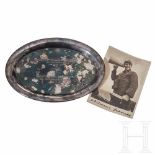 A gift plate (presentation tray) to Adalbert SchneeSmall, silvered tray with raised edge, eagle with