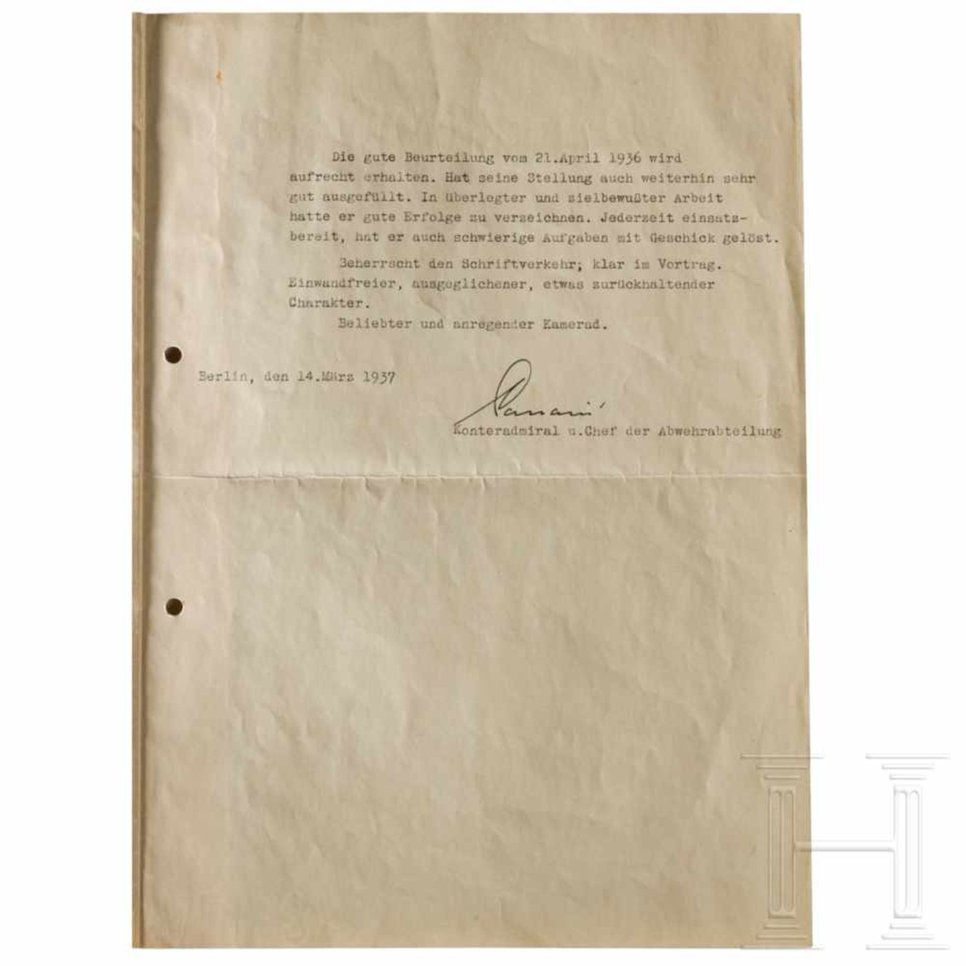 Konteradmiral Wilhelm Canaris - Autograph auf einem BeurteilungsberichtDoppelseitiger - Bild 3 aus 4