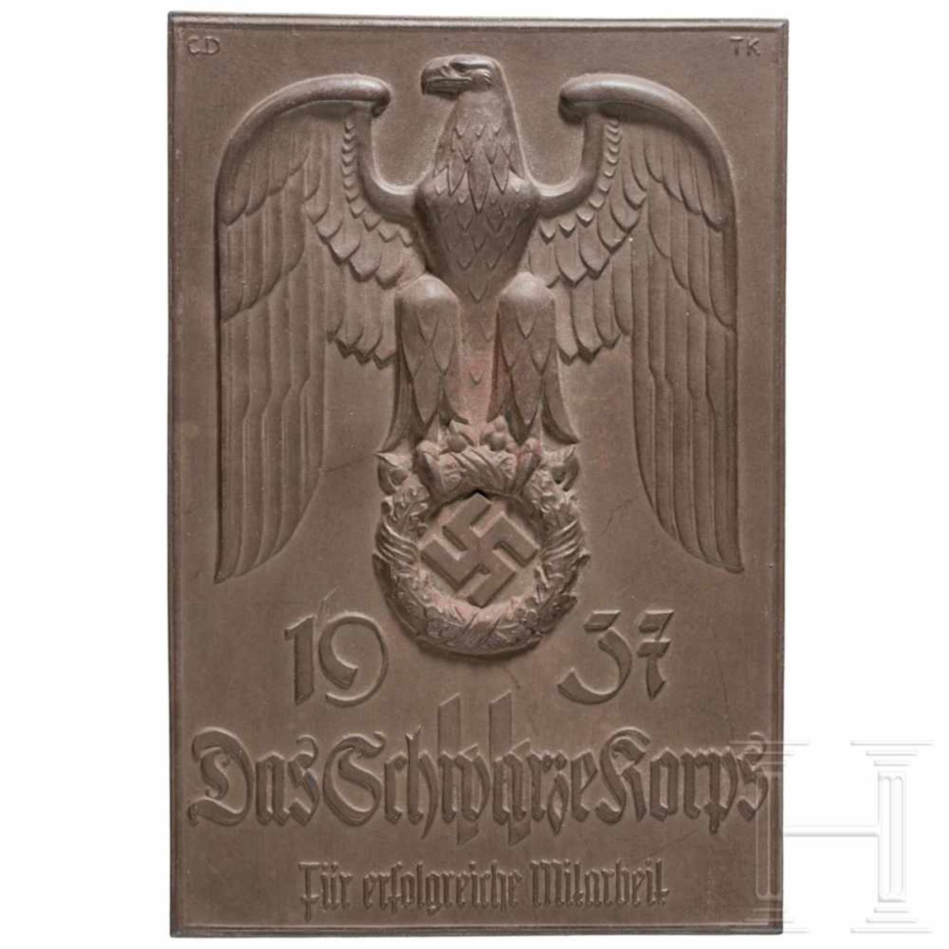 An honour plaque "Für erfolgreiche Mitarbeit 1937 - Das Schwarze Korps"Special issue in brown