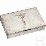 Hans Frank - a gift to Friedrich MinouxSilver cigar box, wood lined, exposed wood bottom and