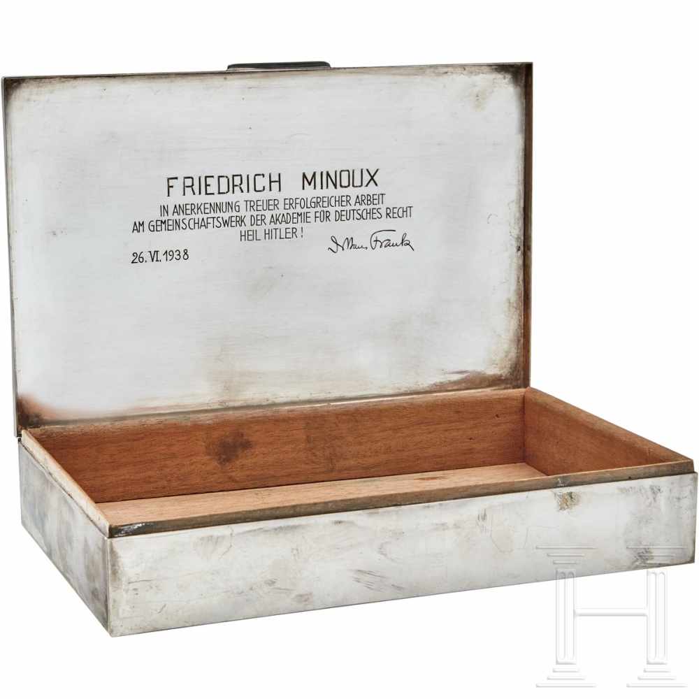 Hans Frank - a gift to Friedrich MinouxSilver cigar box, wood lined, exposed wood bottom and - Image 6 of 6