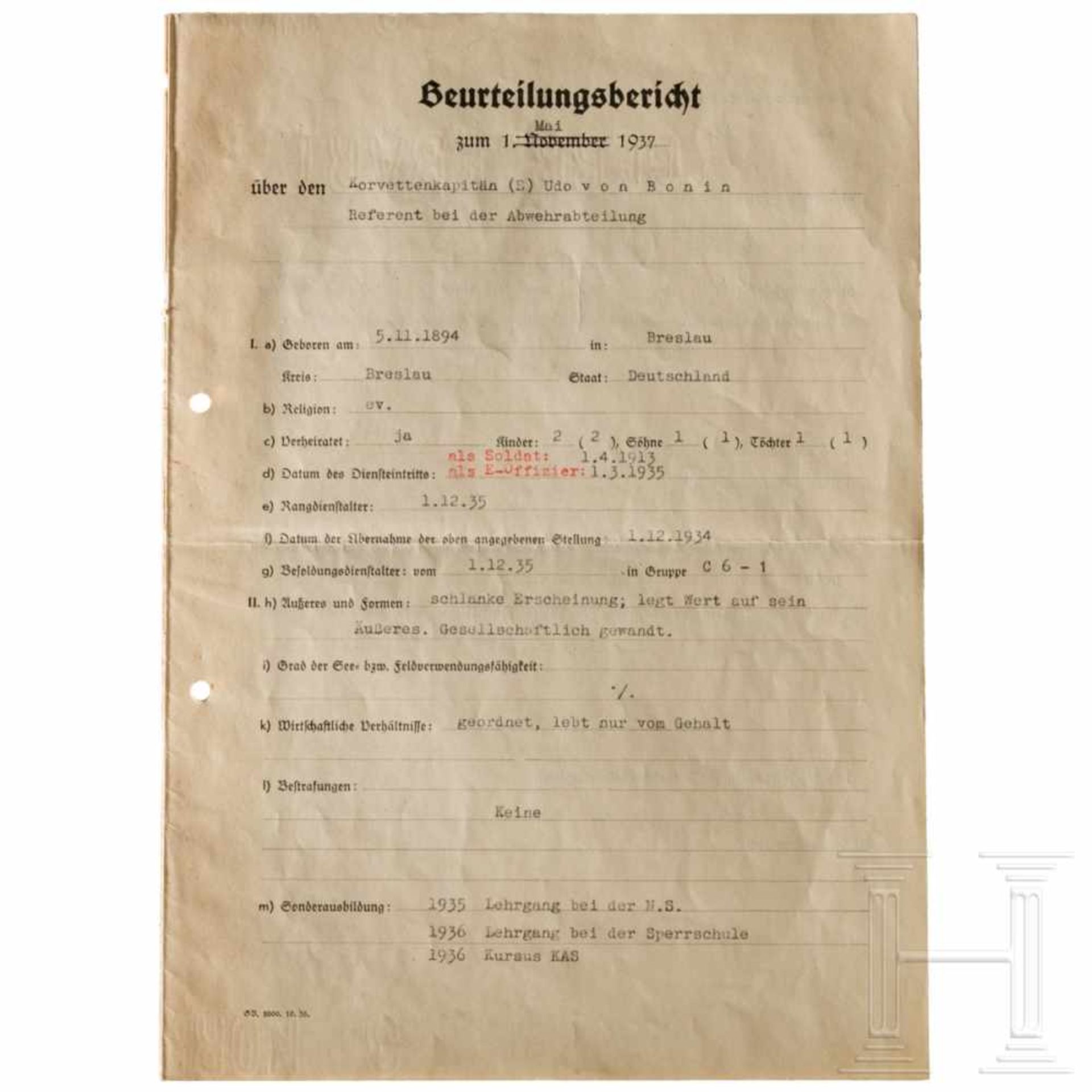 Konteradmiral Wilhelm Canaris - Autograph auf einem BeurteilungsberichtDoppelseitiger