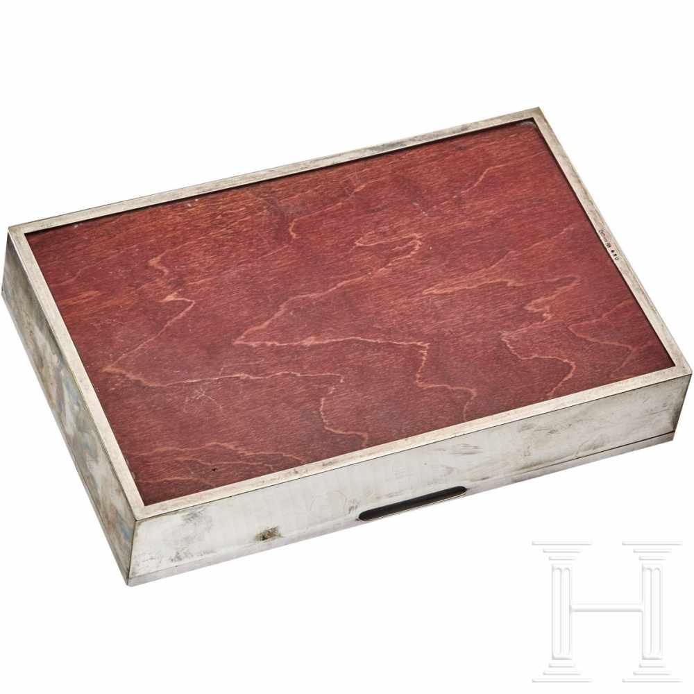 Hans Frank - a gift to Friedrich MinouxSilver cigar box, wood lined, exposed wood bottom and - Image 3 of 6