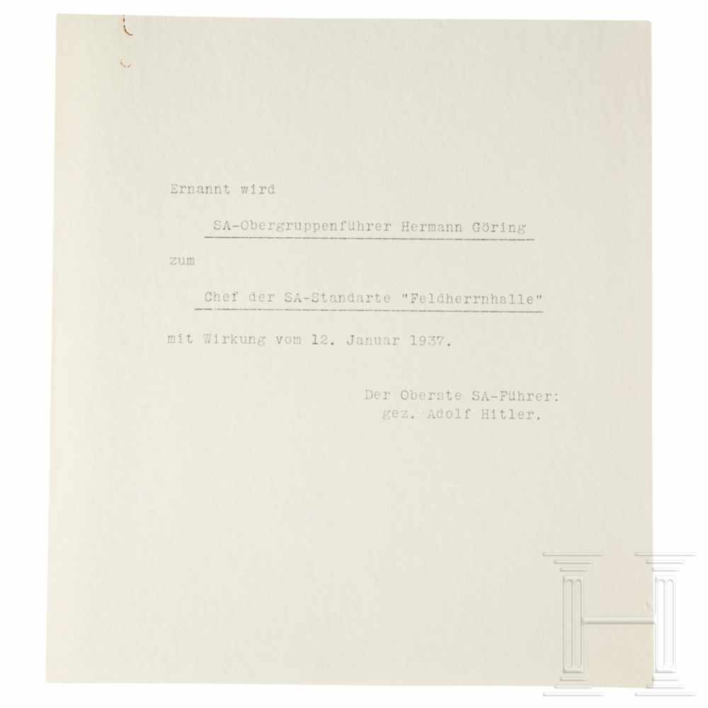 Aktenabschrift der Ernennungsurkunde Görings zum Chef der SA-Standarte "Feldherrnhalle" vom 12.