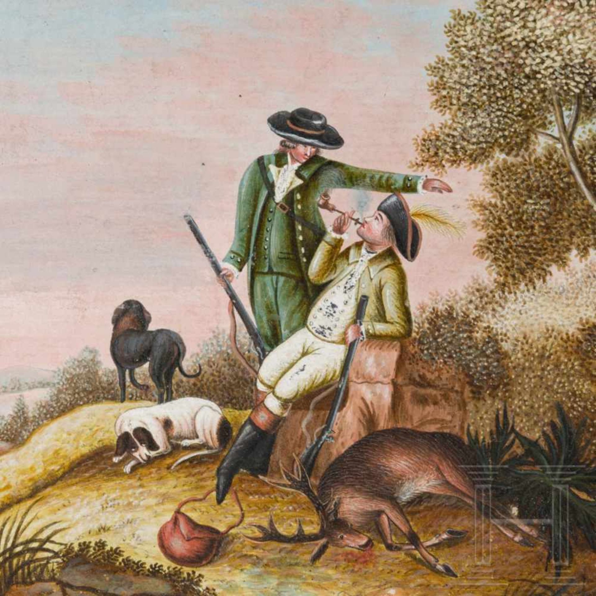 Feine Gouache mit jagdlichem Motiv, süddeutsch, um 1800 - Bild 2 aus 3