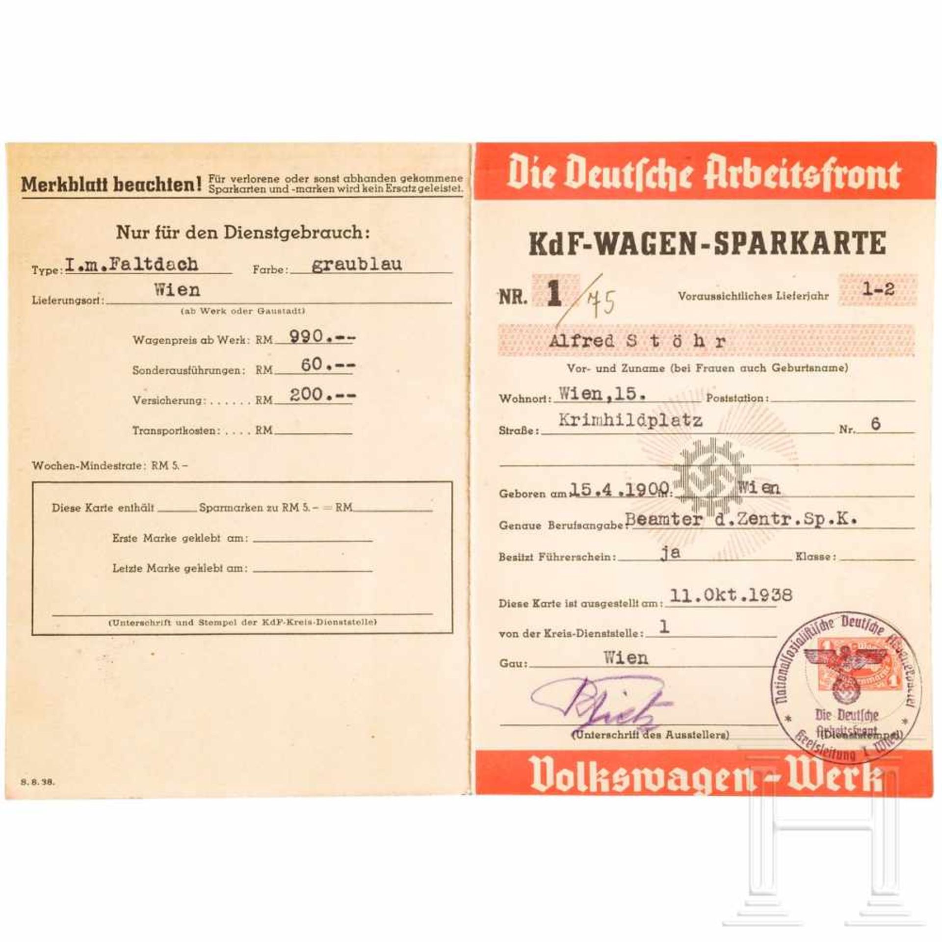 KdF-Wagen-Sparkarte und vier Dokumente 1938/39 - Bild 2 aus 8