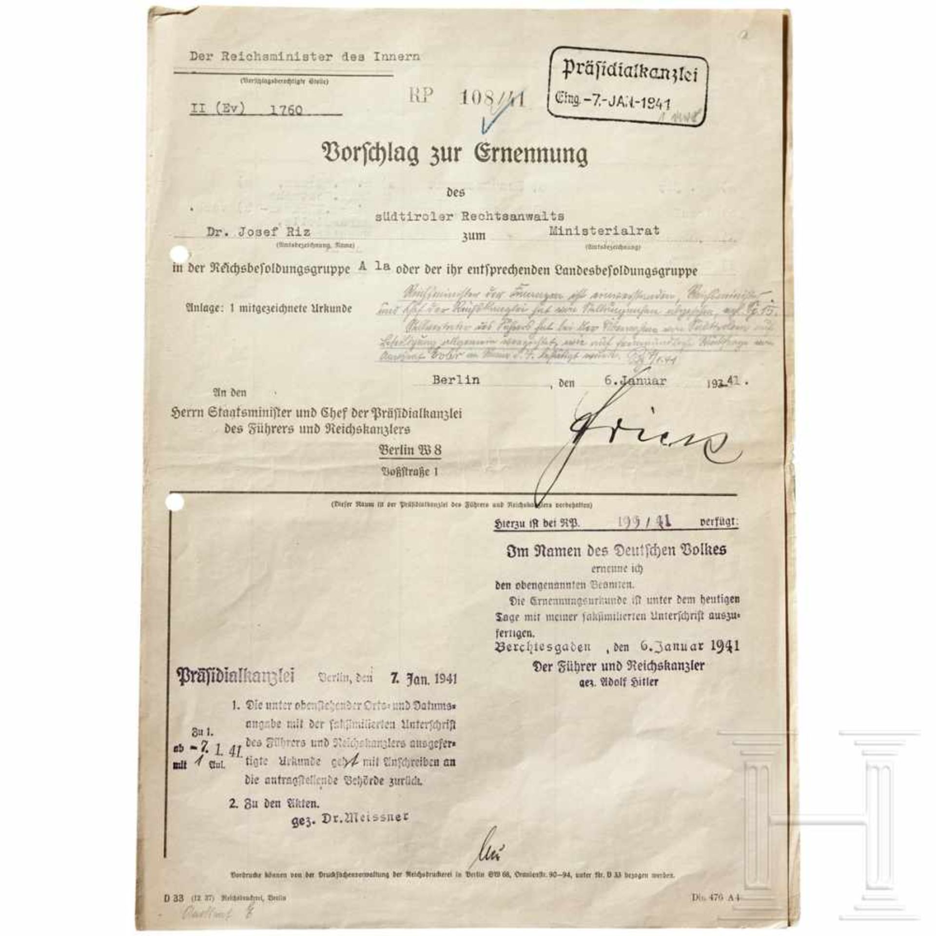 A proposal appointment signed by Wilhelm Frick