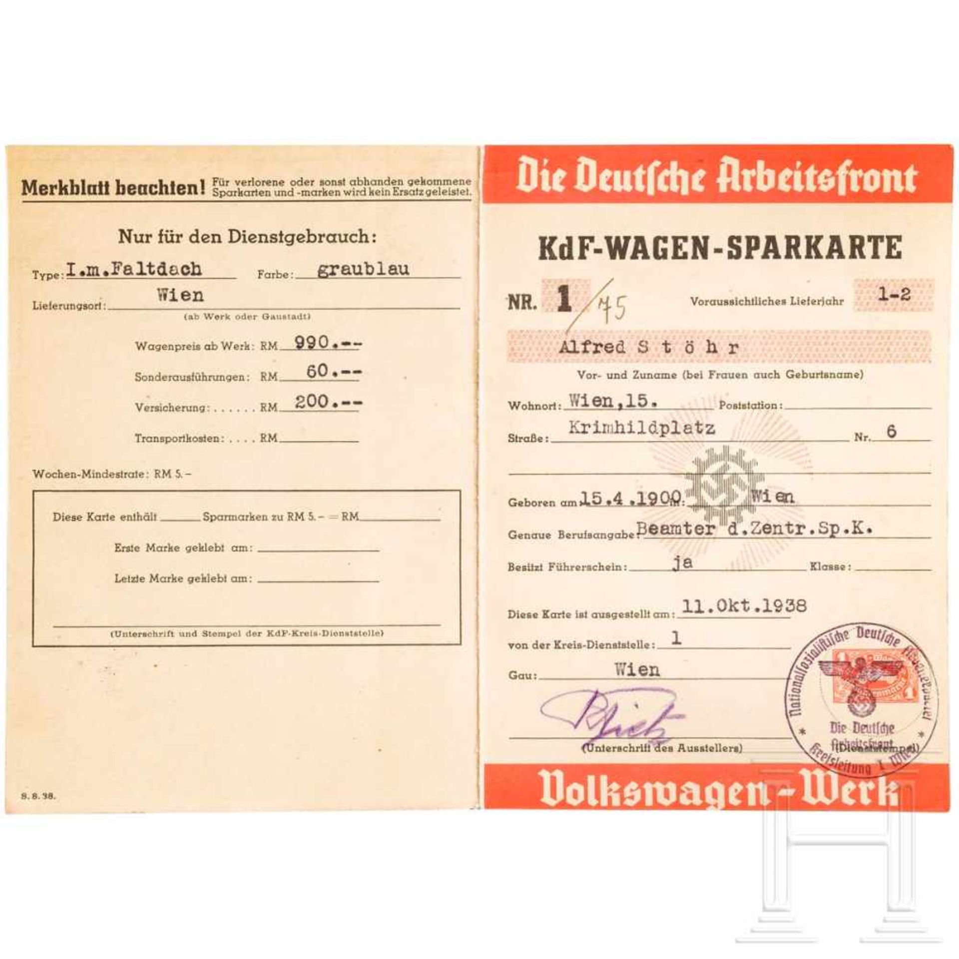KdF-Wagen-Sparkarte und vier Dokumente 1938/39 - Bild 6 aus 8