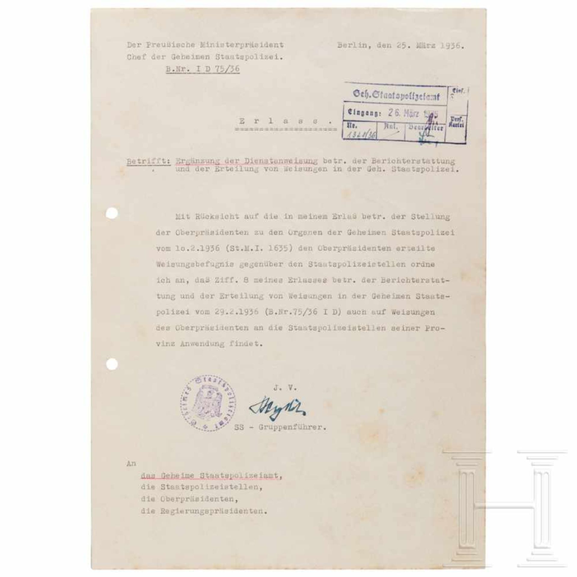 Erlass des Ministerpräsidenten von Preußen 1936 - Tintenunterschrift Reinhard Heydrich