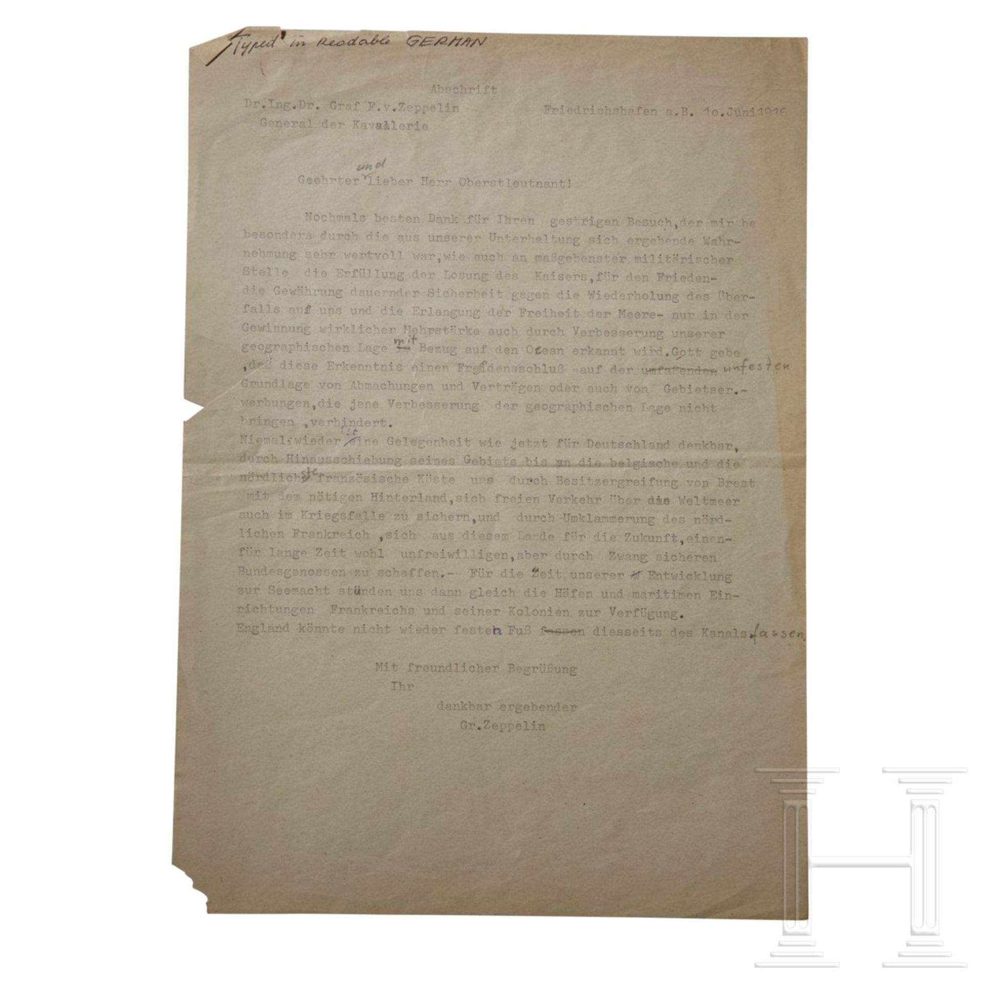 Brief des Grafen Zeppelin mit dem Vorschlag einer Annexion von Belgien und Nordfrankreich - Bild 2 aus 7