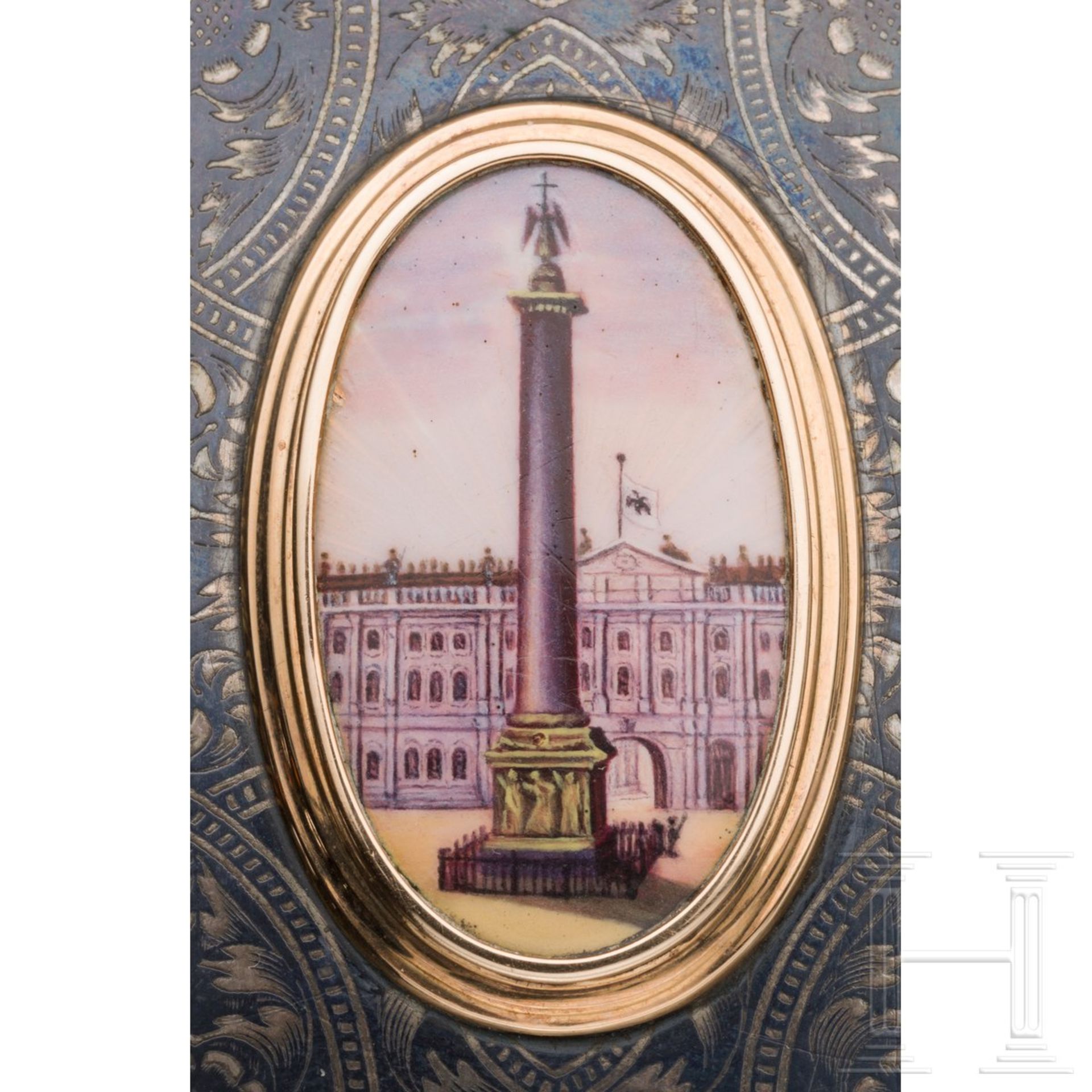 Silberne Niello-Dose mit gemalter Miniaturkartusche der Alexandersäule in St. Petersburg, Moskau, - Bild 5 aus 6