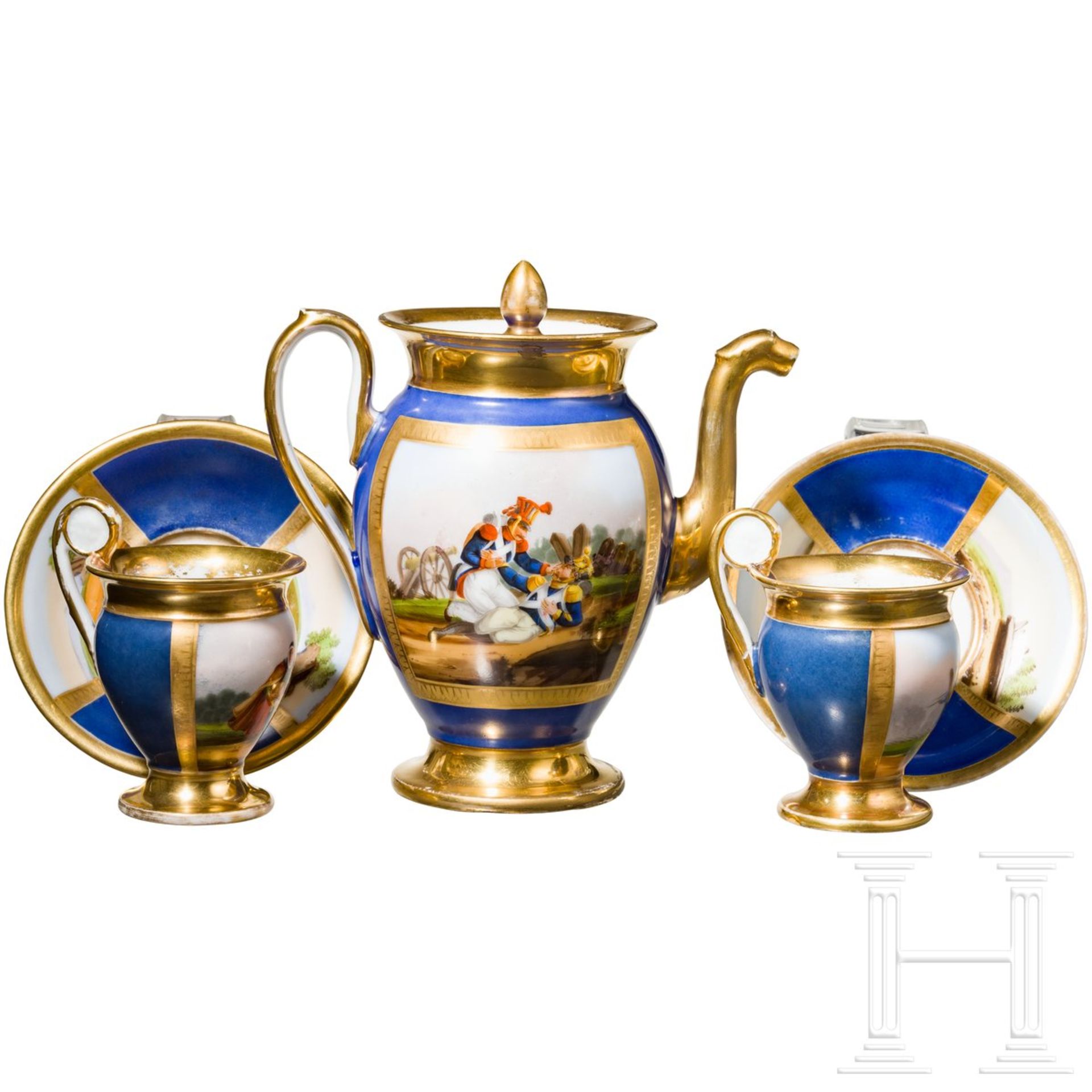 Kaffeekanne und zwei Tassen mit patriotischen Szenen, um 1813 - Bild 2 aus 4