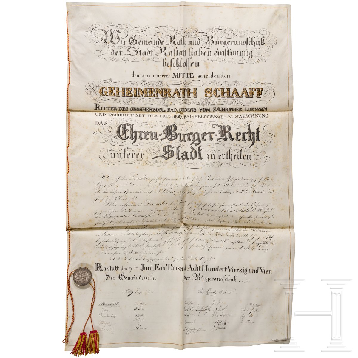 Geheimrat Friedrich Theodor Schaaff - Ehrenbürgerurkunde der Stadt Rastatt, 1844