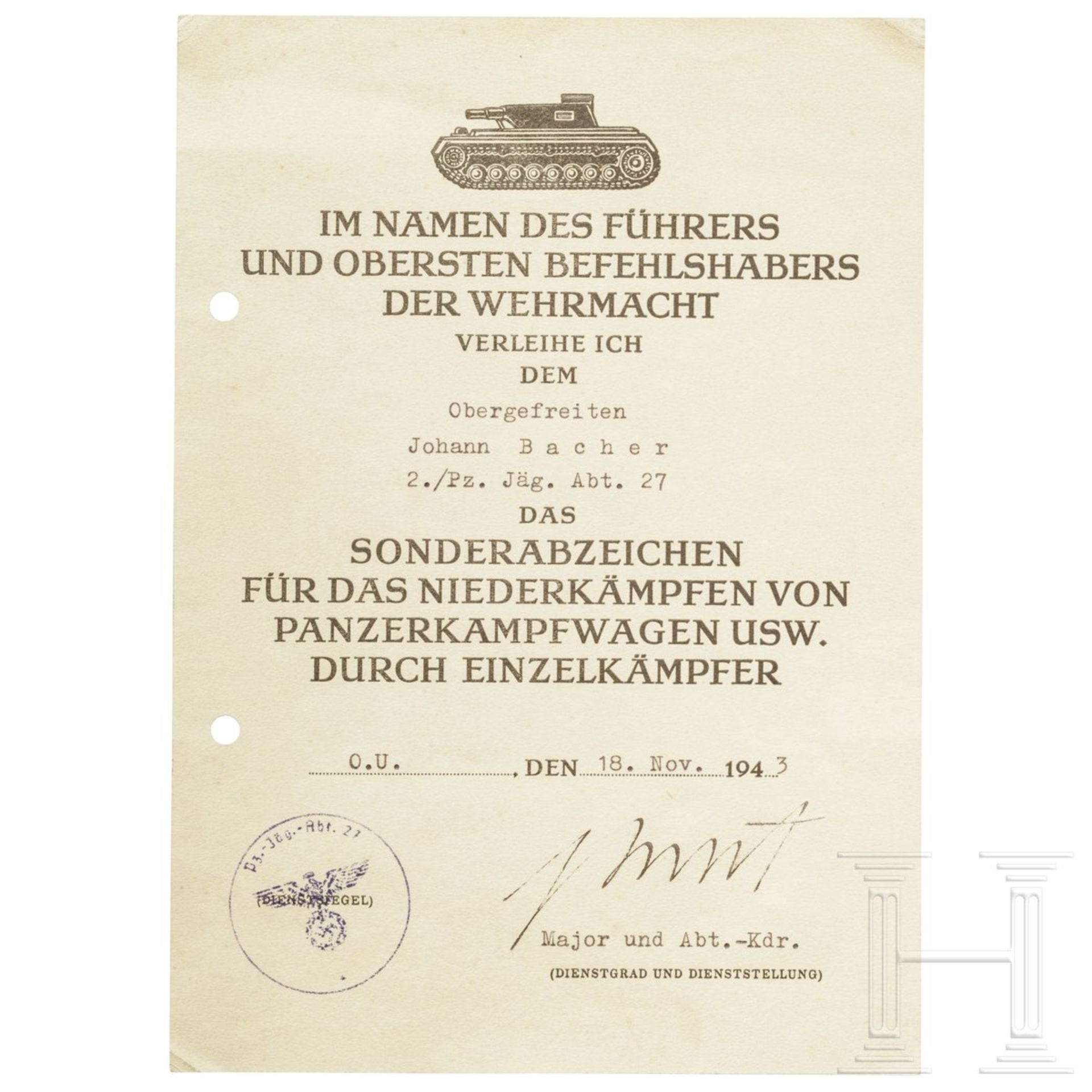 Urkunde zum Sonderabzeichen für das Niederkämpfen von Panzerkampfwagen