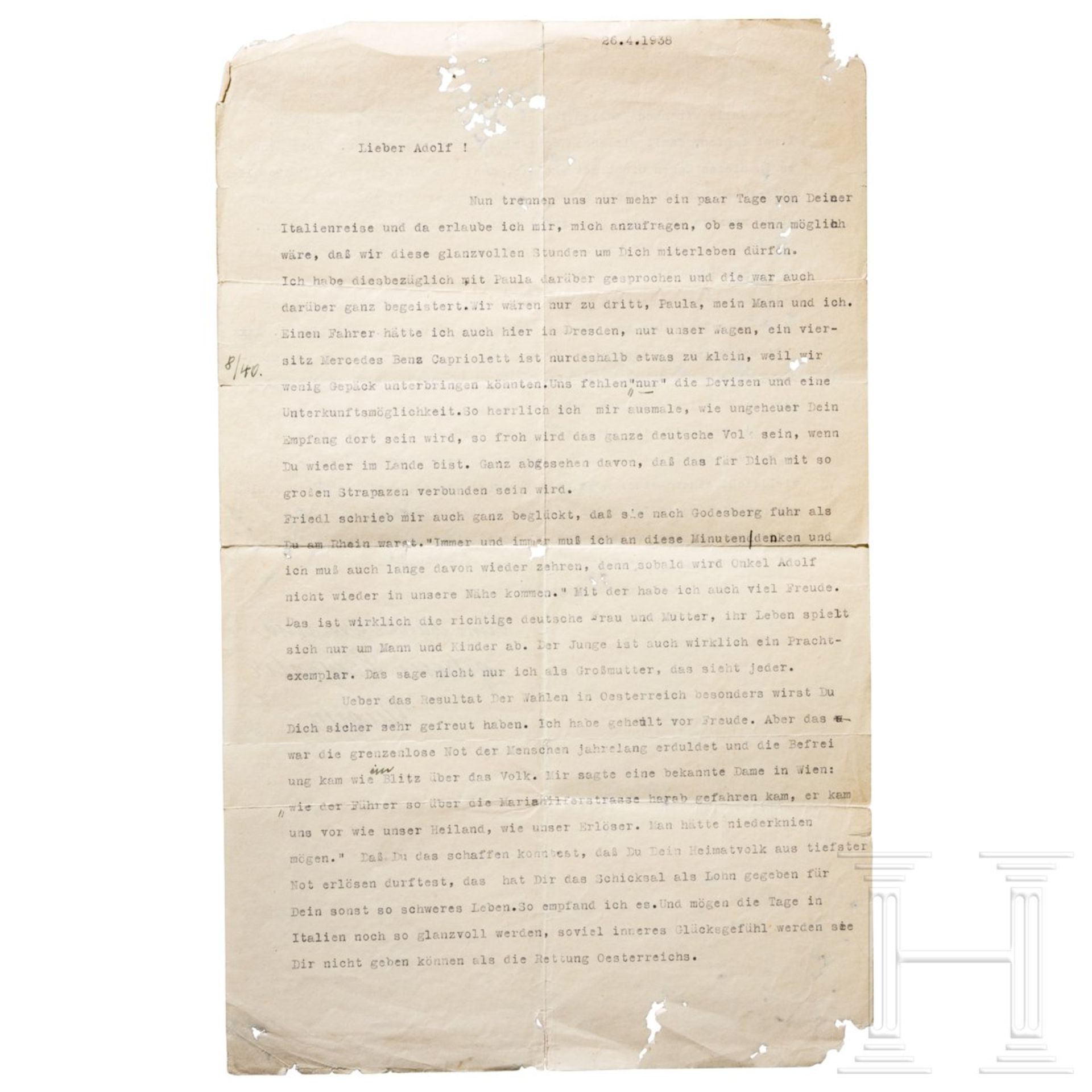 Angela Raubal (Hammitzsch) - signierter Brief an ihren Bruder Adolf Hitler vom April 1938