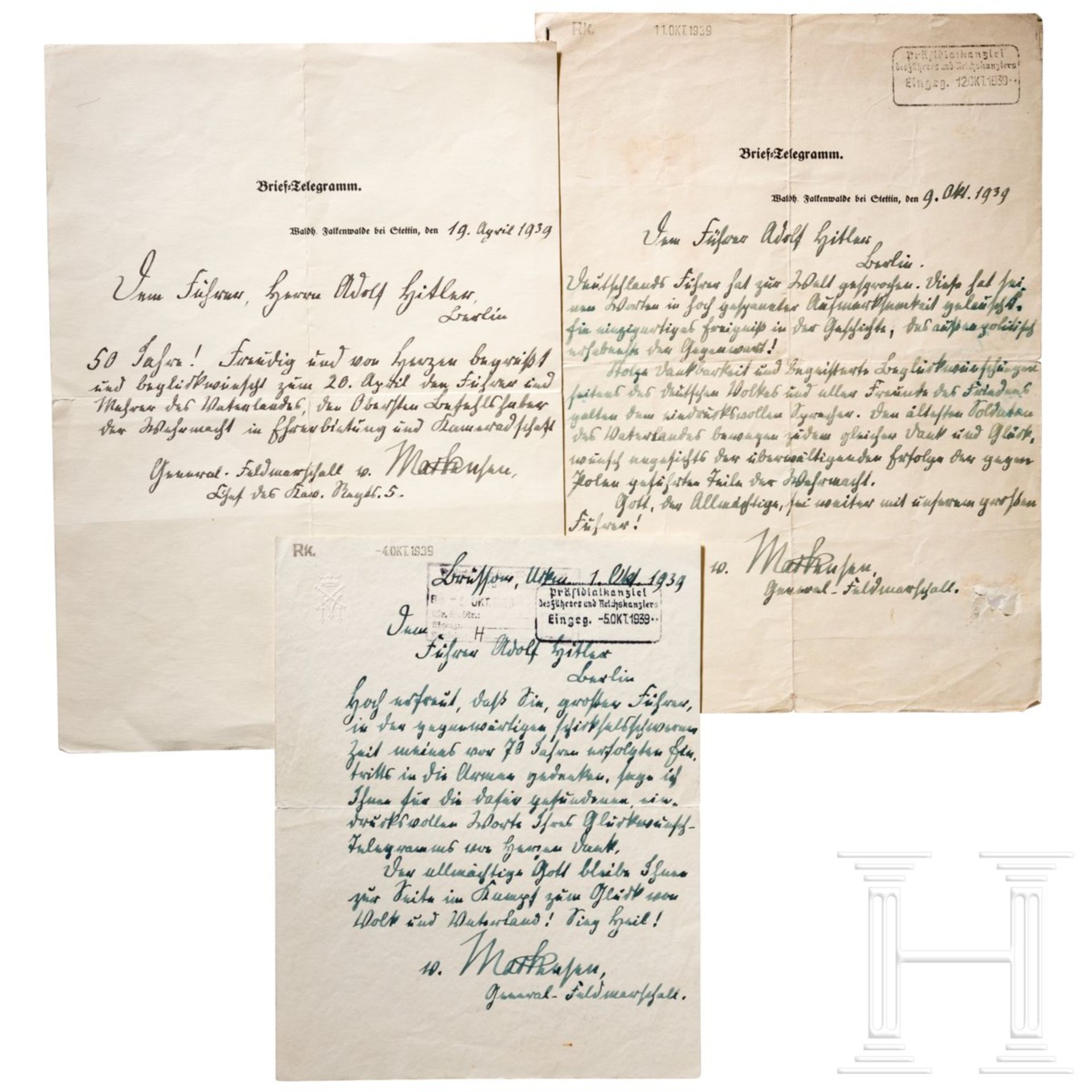 GFM August von Mackensen (1849 - 1945) - drei eigenhändige Briefe an Hitler, 1939