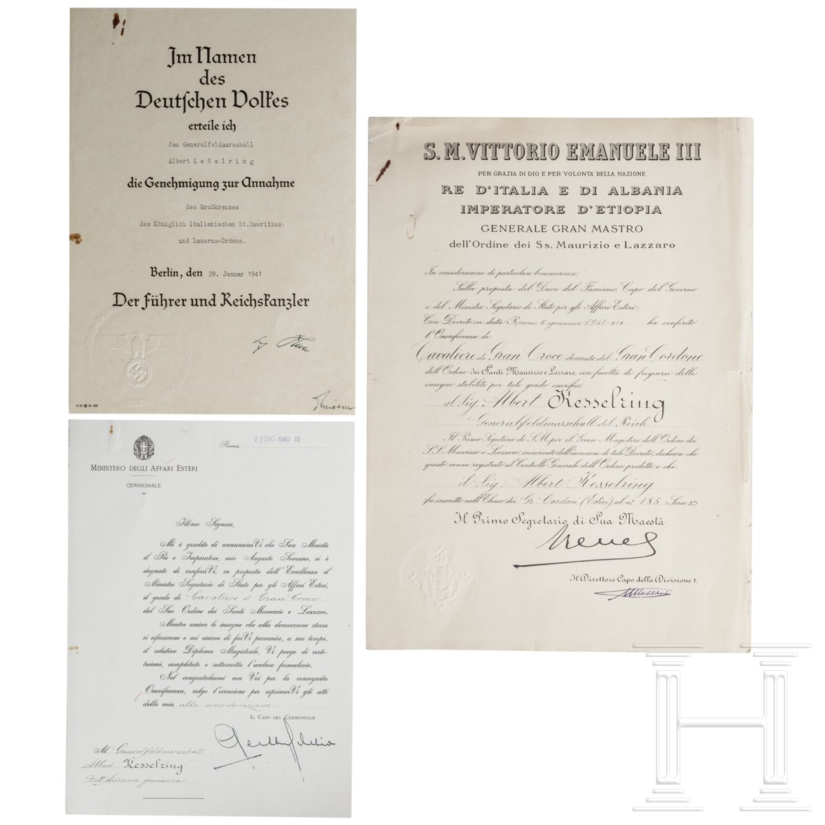 Urkunde mit Annahmegenehmigung zum Großkreuzsatz des Königlich Italienischen Ordens der Hl.