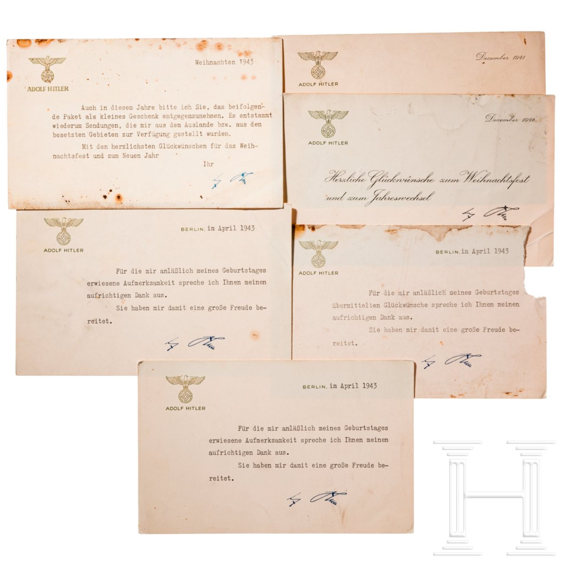 Sechs Glückwunschkarten Hitlers mit Faksimileunterschriften, Weihnachten 1941-43