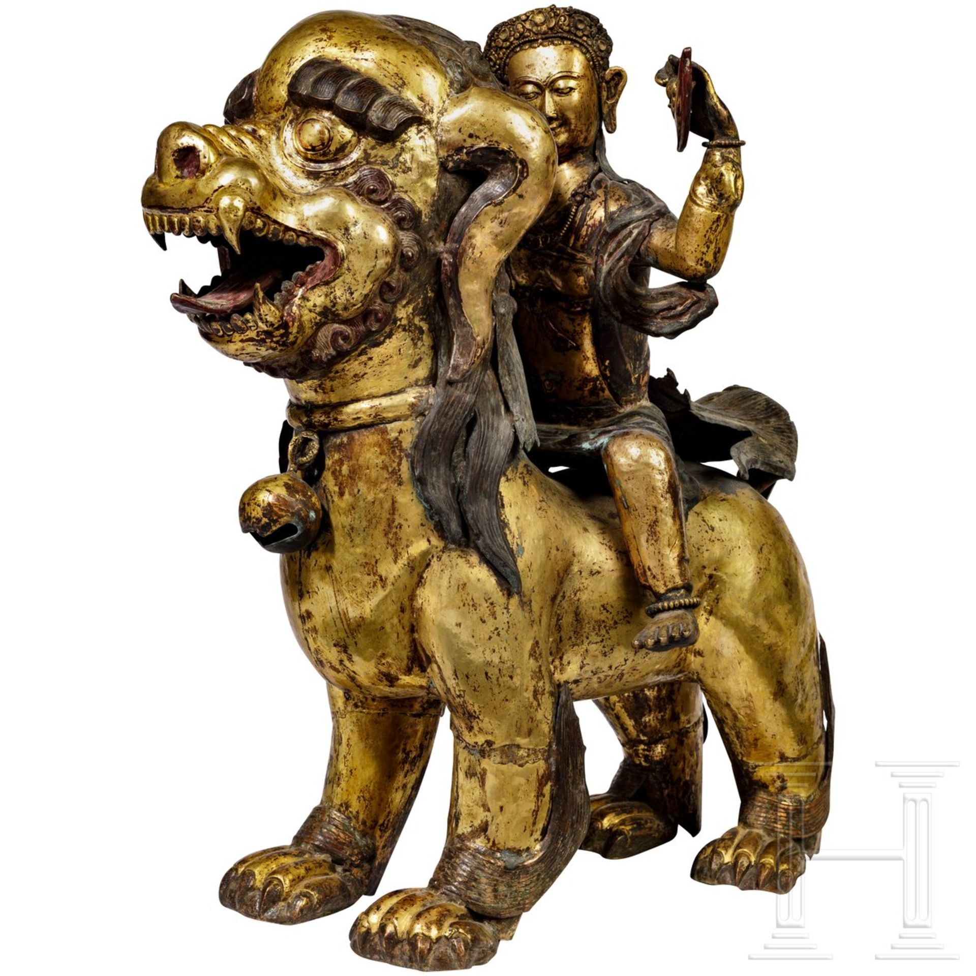 Ein Paar Foo-Löwen mit himmlischen Reitern, sino-tibetisch, 18. Jhdt.Mehrteilig gearbeitete - Bild 7 aus 8
