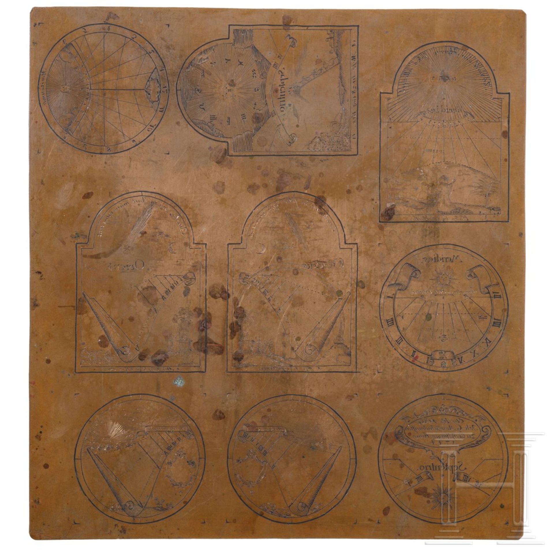 Kupferstichplatte für Sonnenuhrskalen, Schwaben, datiert 1744Rechteckige Kupferplatte mit neun