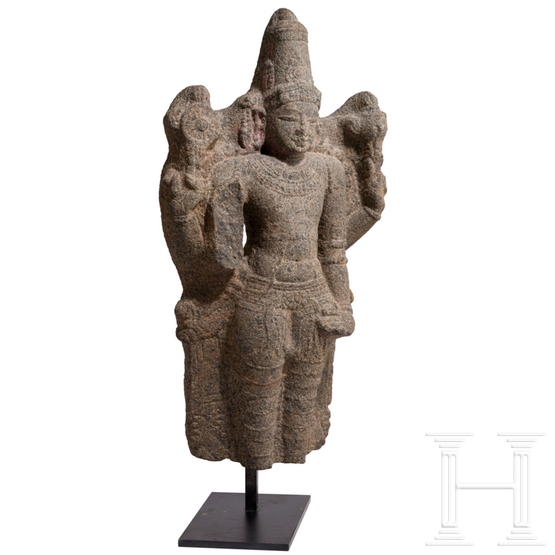 Früher stehender Vishnu im Cholastil, Südindien, 13. Jhdt.Auf modernem Eisen-Sockel die teils - Bild 2 aus 4