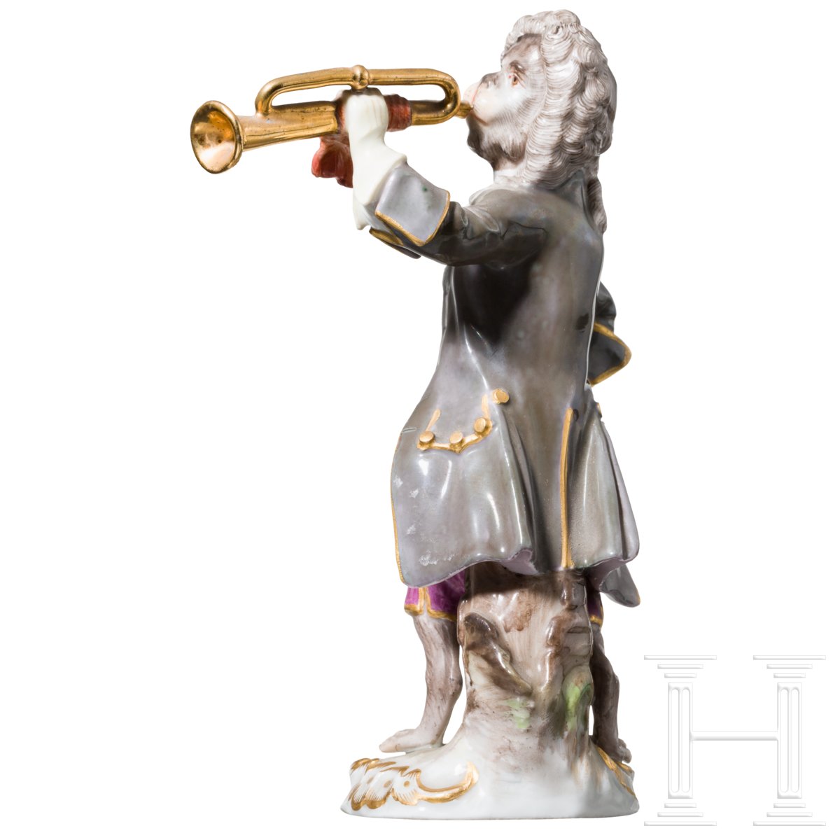 Figur aus der Affenkapelle, Der Trompeter, Meißen, wohl 20. Jhdt.Entwurf J. J. Kaendler. Porzellan - Image 2 of 4