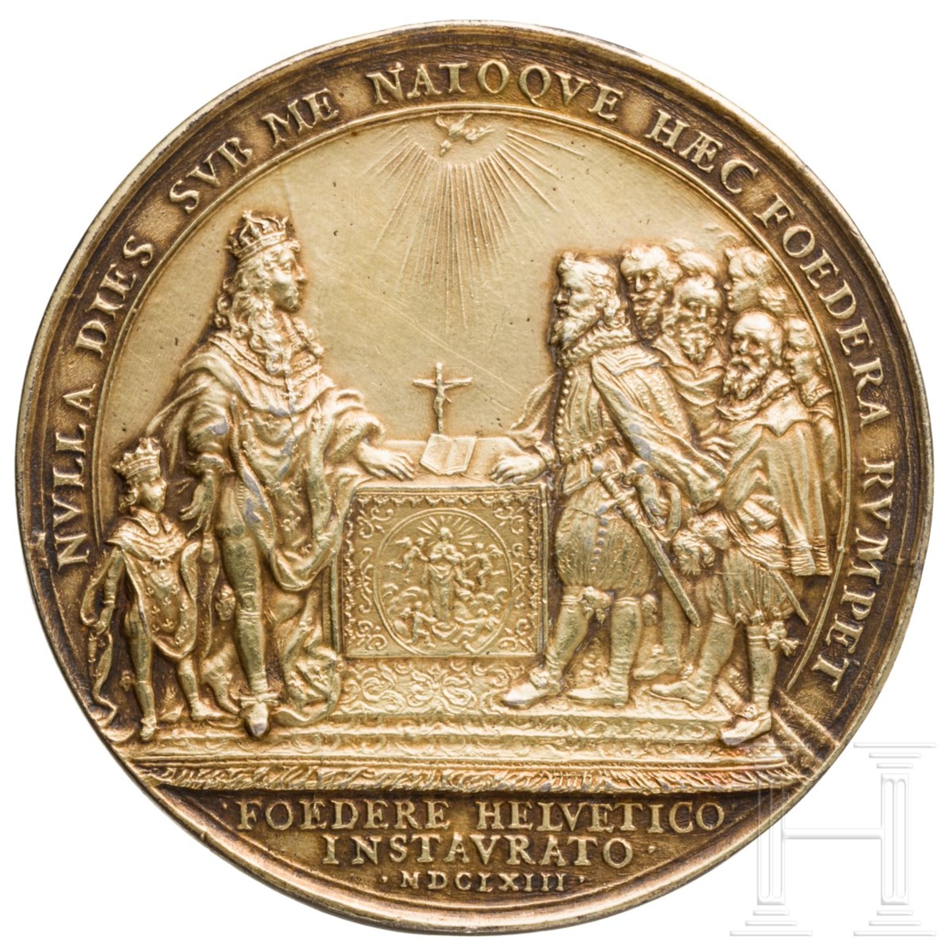 Ludwig XIV. - Vergoldete Silbermedaille auf das Bündnis mit der Schweiz, 1663Silber, vergoldet. - Bild 3 aus 3