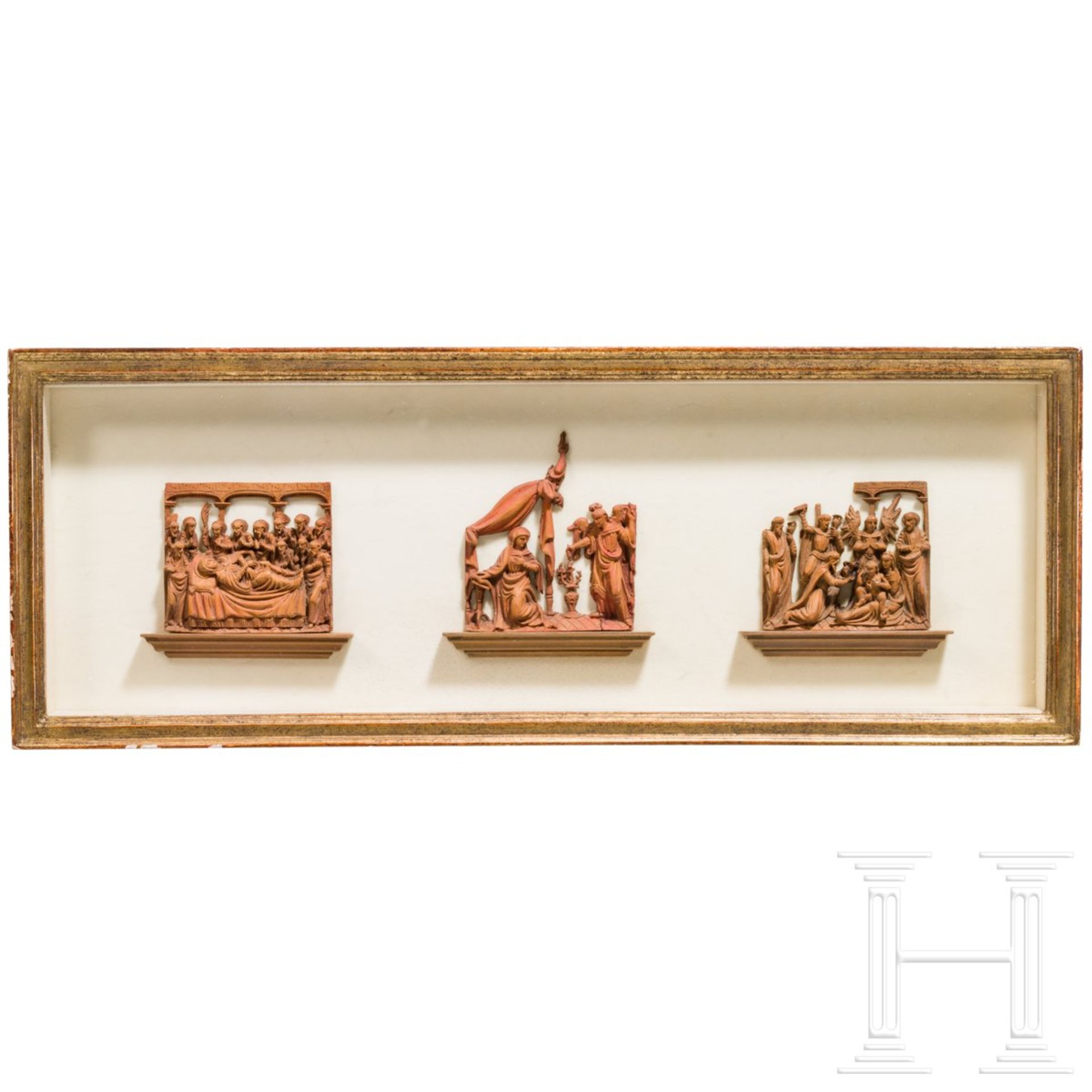 Drei Mikroschnitzereien mit Darstellungen aus dem Marienleben, flämisch/Frankreich, um