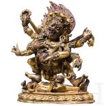 Feine Figur des Yidam Mahakala in feuervergoldeter Bronze, Tibet, 17./18. Jhdt.Zweiteilige,