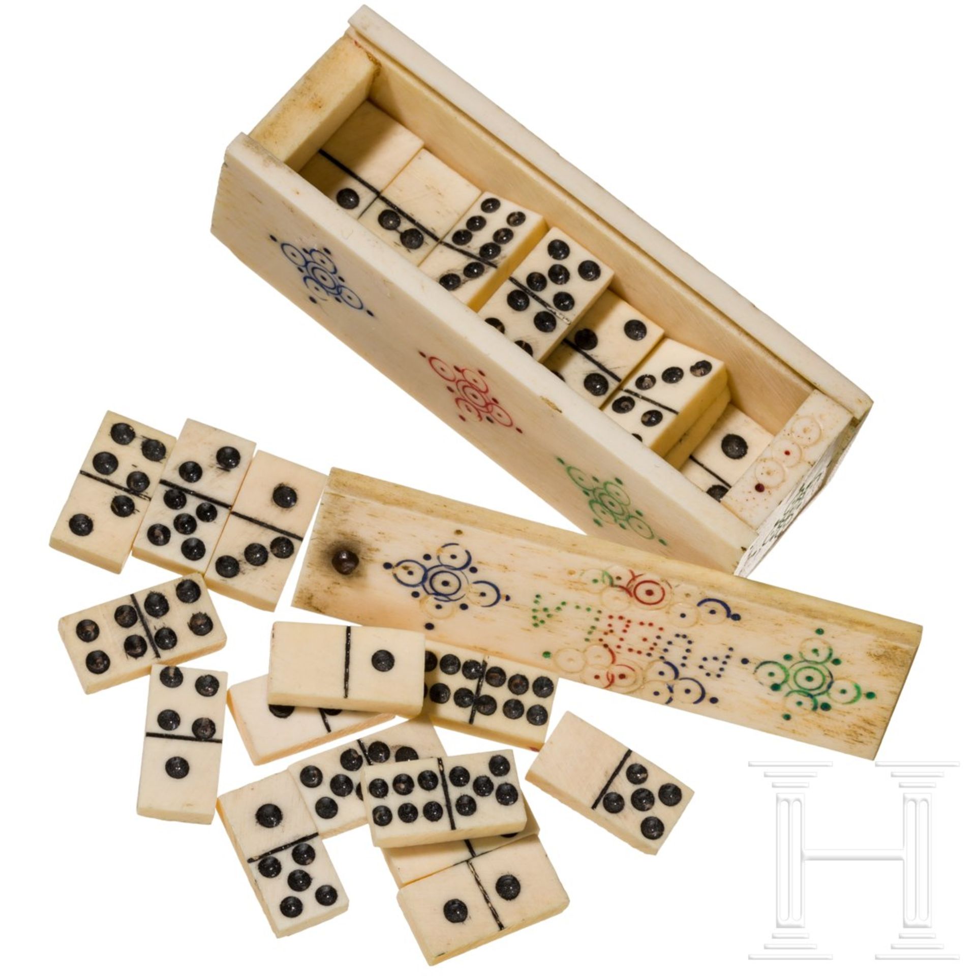 Miniatur-Domino-Spiel, wohl Kolonial-Spanien, 19. Jhdt.Kleines quaderförmiges, aufschiebbares